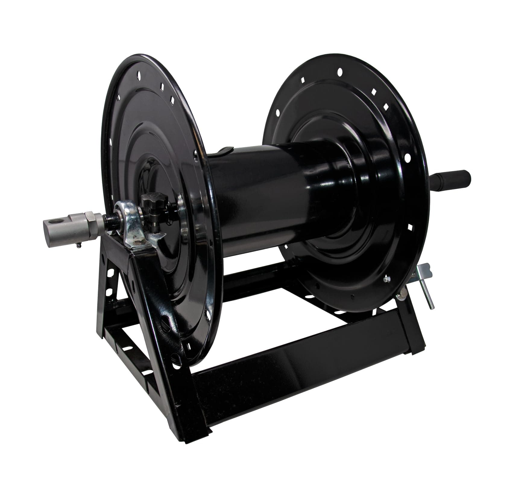 General Pump DHRA50300 3/8" x 300' Black Steel Hose Reel with Flat Sidewalls, A-frame, Pin Lock and Brake and Stainless Steel Swivel Inlet, 5000 Psi