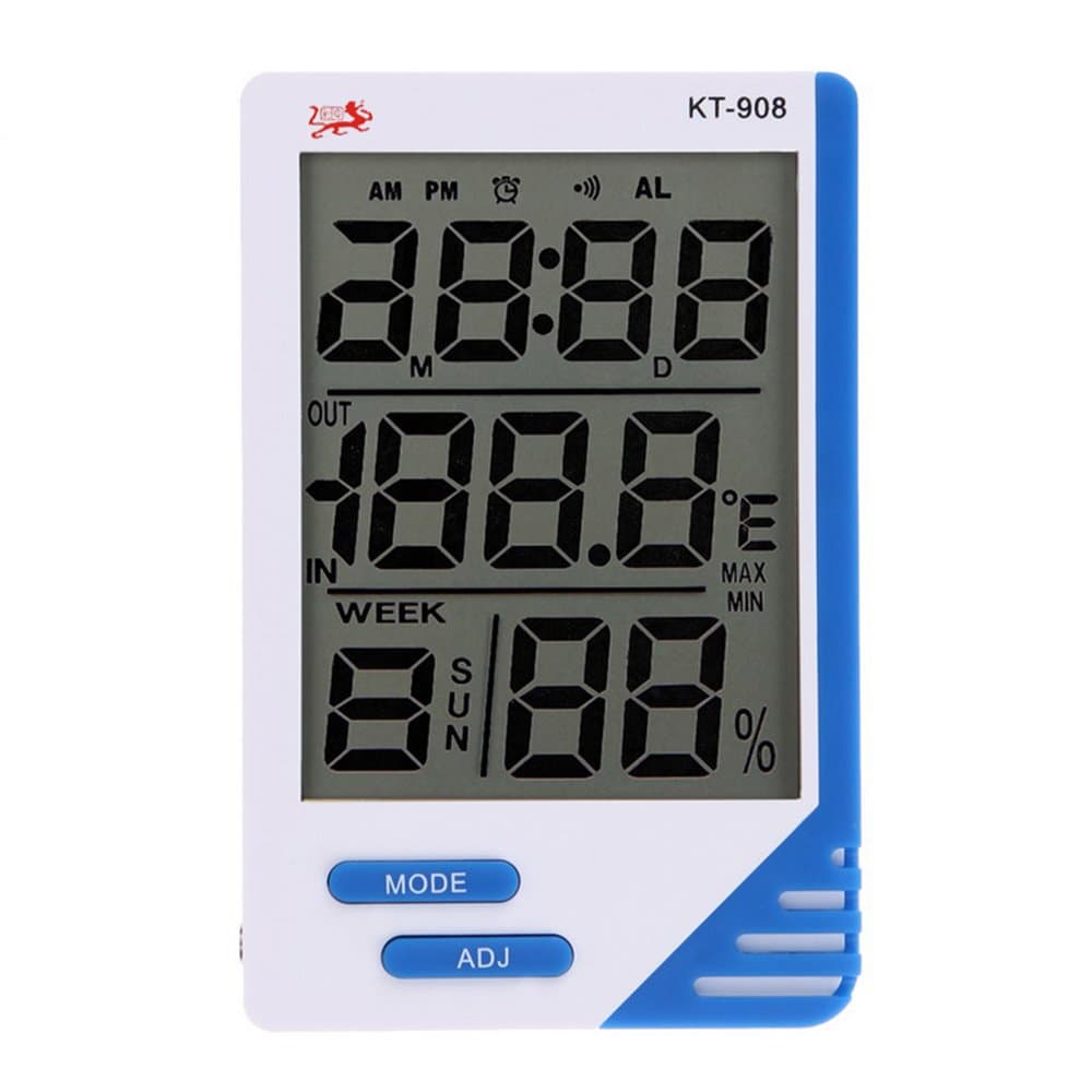 KT908 3 in 1 LCD Temperature Humidity Tester Gauge Portable Indoor Outdoor Digital Thermometer Hygrometer Clock Meter with Probe