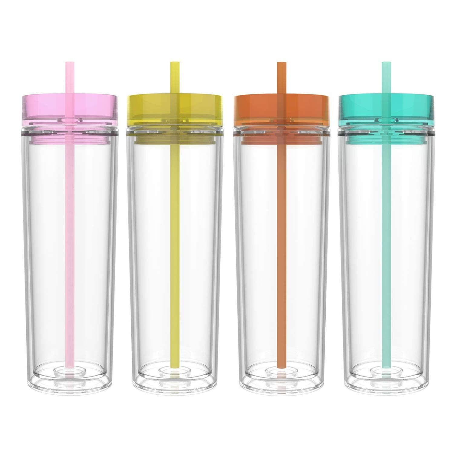 Maars Drinkware Double Wall Insulated Skinny Acrylic Tumblers with Straw and Lid, 16 oz. (4 pack, Carnival)