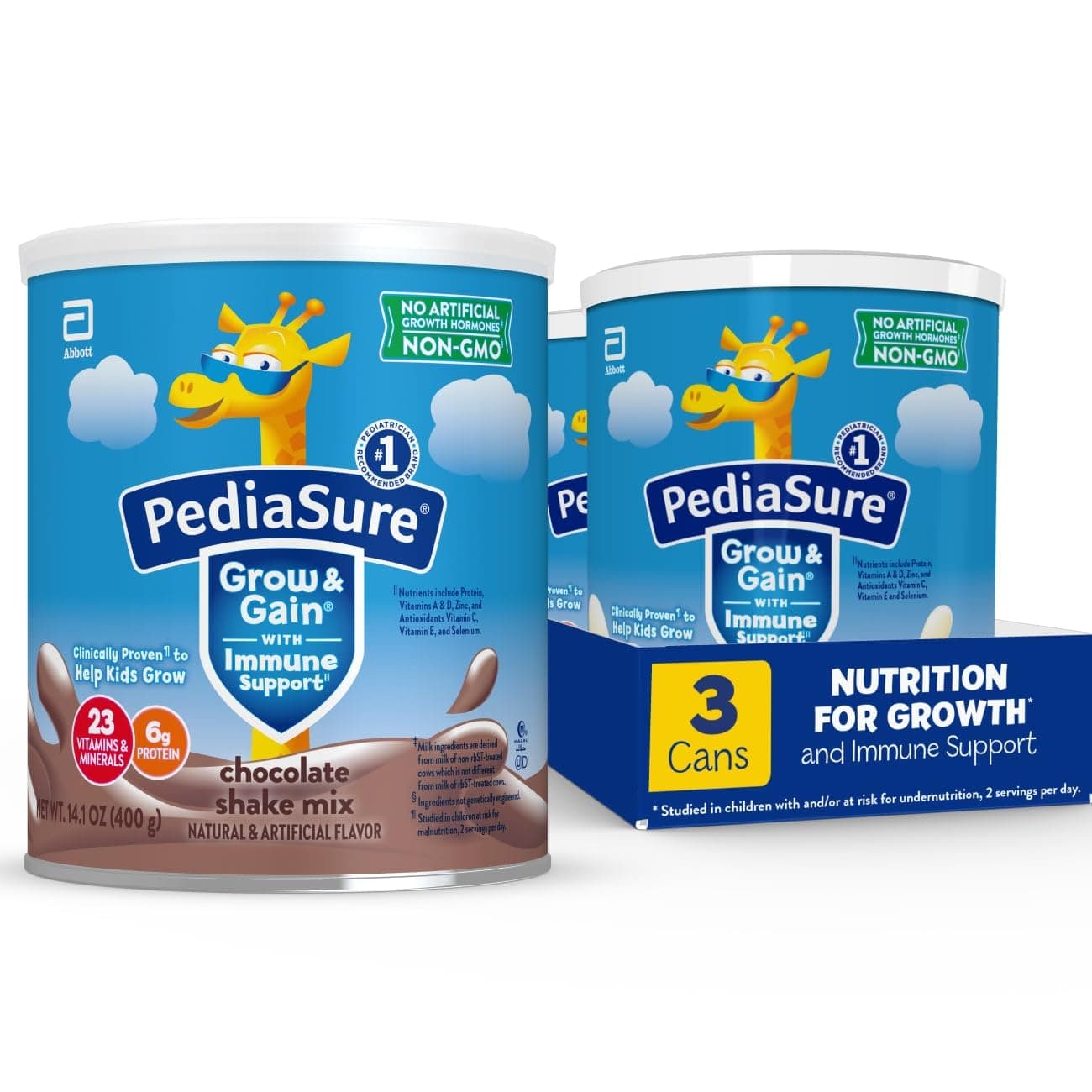 Grow & Gain with Immune Support Shake Mix Powder, 23 Vitamins & Minerals, 6g Protein, Non-GMO, Gluten-Free, Chocolate, 14.1 oz Can, Pack of 3-24 servings