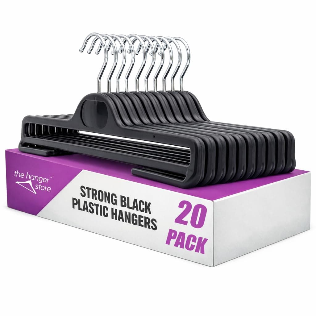 20 Black Plastic Coat Hangers with Bar for Trousers-Choose Pack Size & Colour