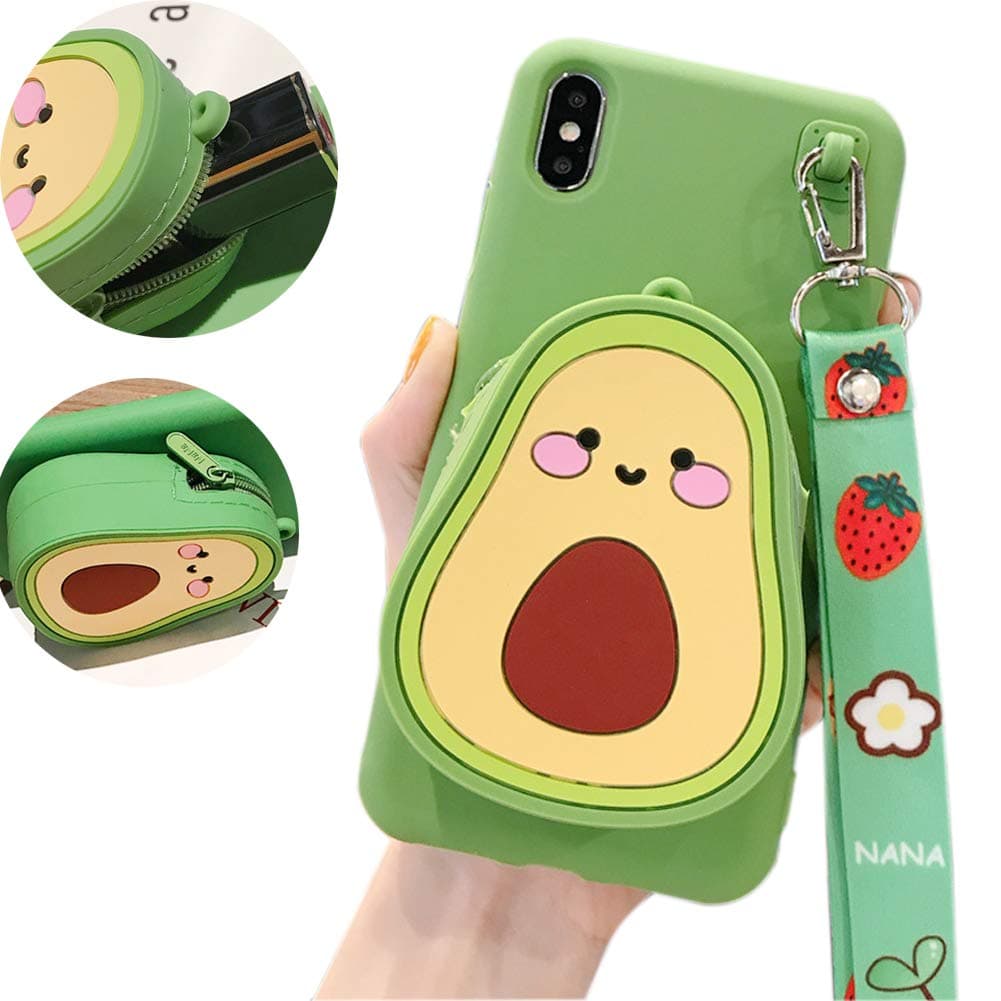 IPLUS 3D Cartoon Wallet Case for iPhone 8 Plus / 7 Plus, Cute Fruit Mini Bag Design, Coin Purse Soft Silicone Case Cover with Stand & Long Shoulder Strap (Avocado, iPhone 8 Plus / 7 Plus)