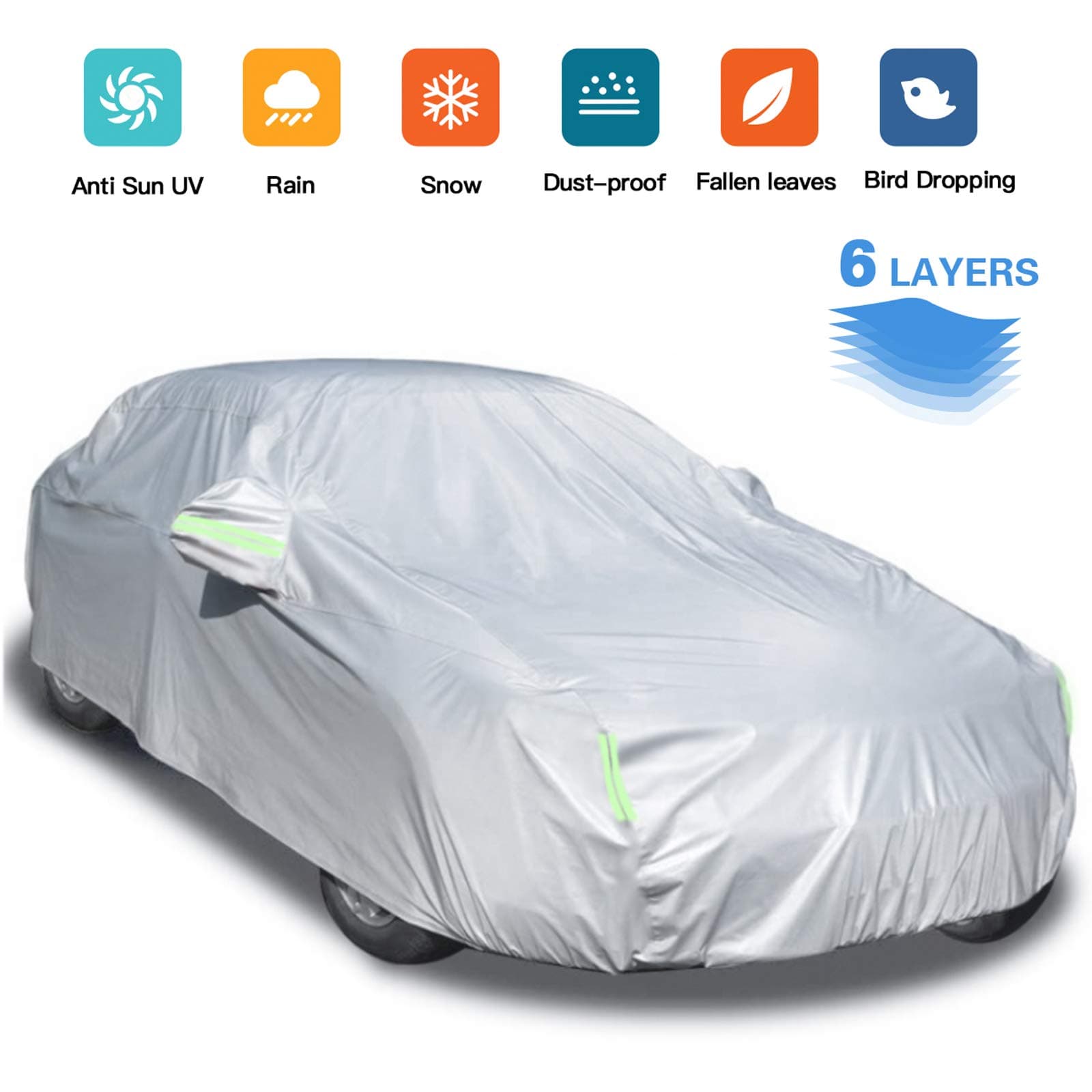Car Cover 6 Layers Universal Protection from Sun Rain Windproof Dustproof Snow Leaves Scratch Resistant Full Exterior Cover(186"-192")