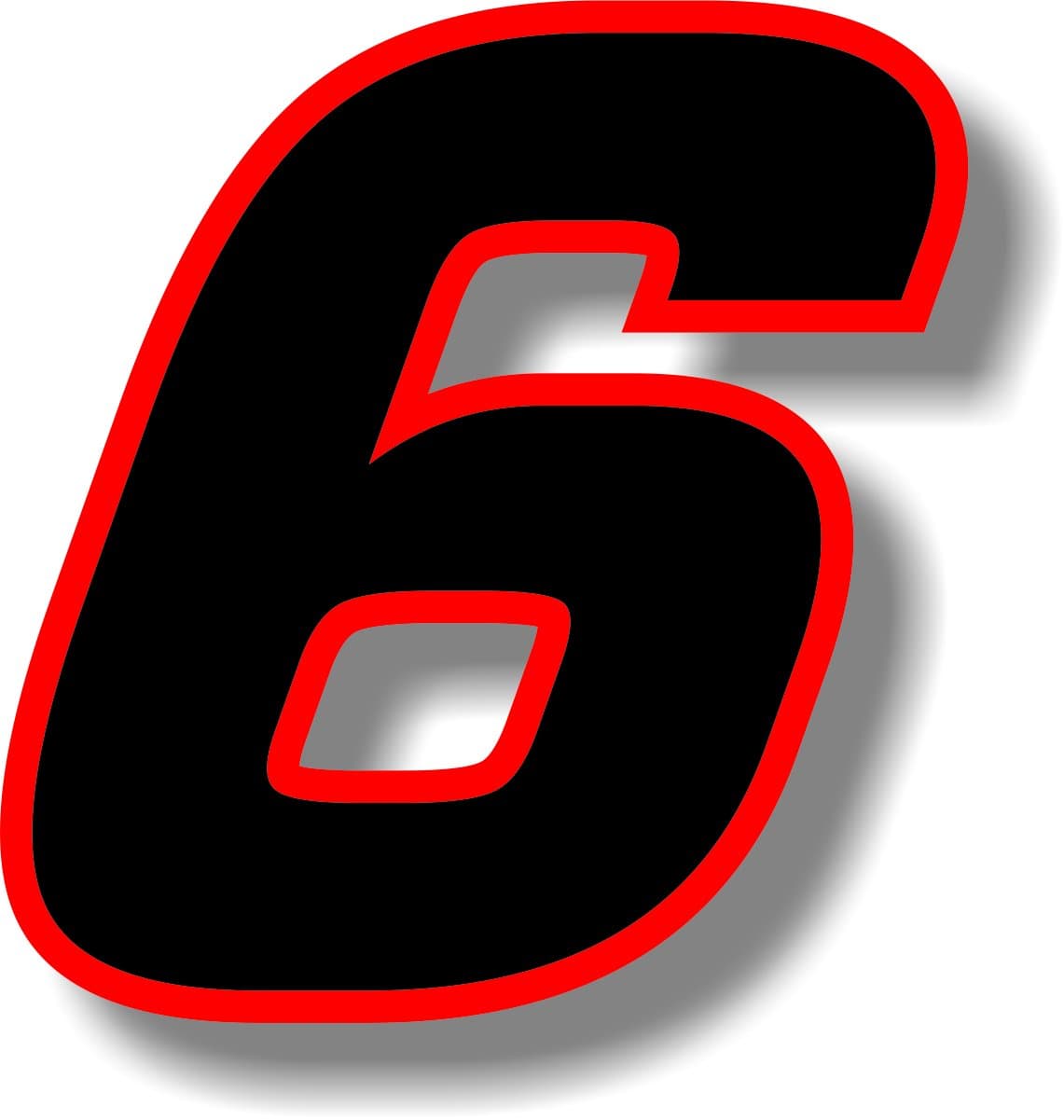Vinyl sticker/decal Black (Red outline), square font, race number 6 (Height: 3 inches)