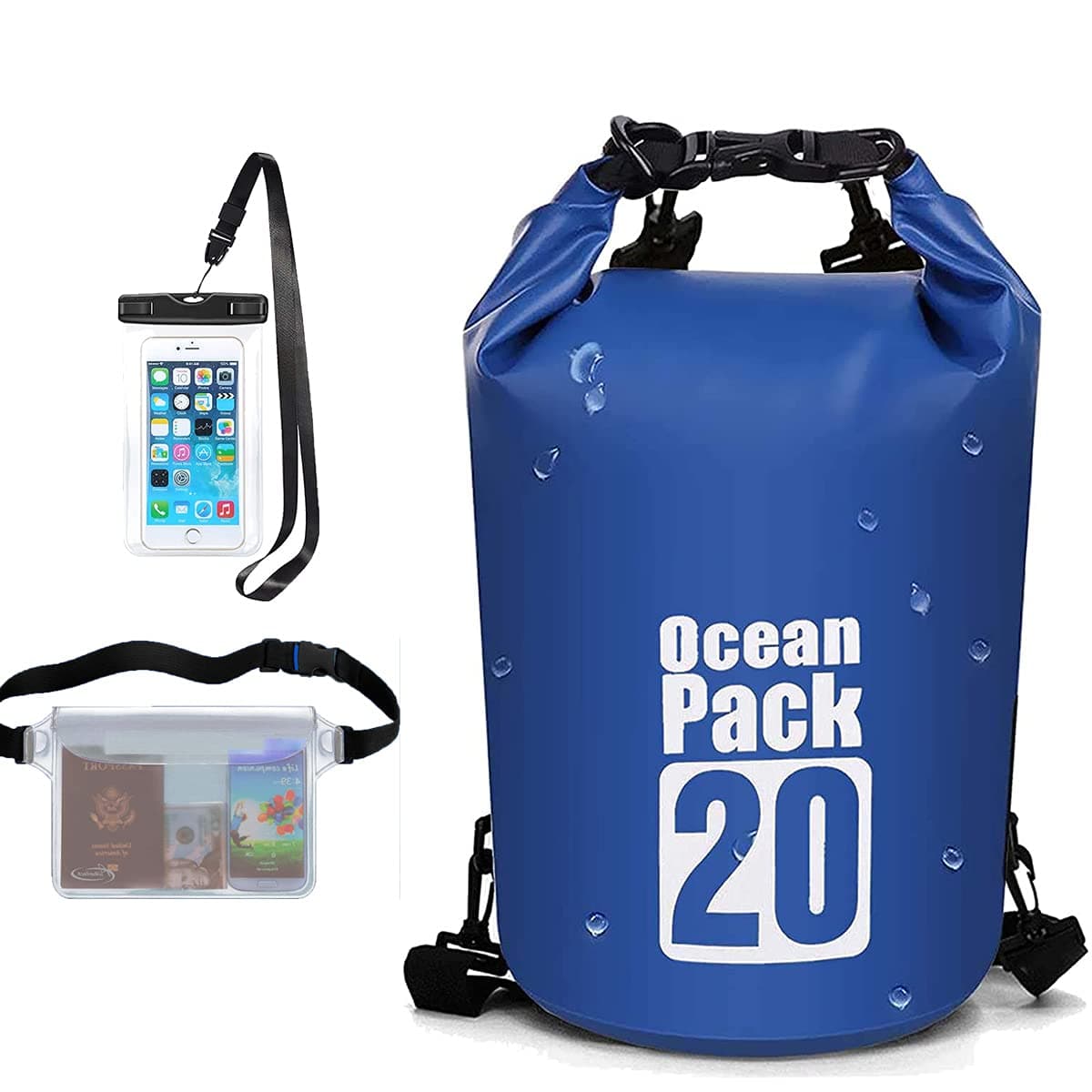 E&P Waterproof Dry Bags Beach Storage Bag Boating Kayaking Snowboarding Rafting Canoe Accessory Camping Fishing Gear Outdoor Duffle Bags with Waterproof Phone Case (20L,Blue)