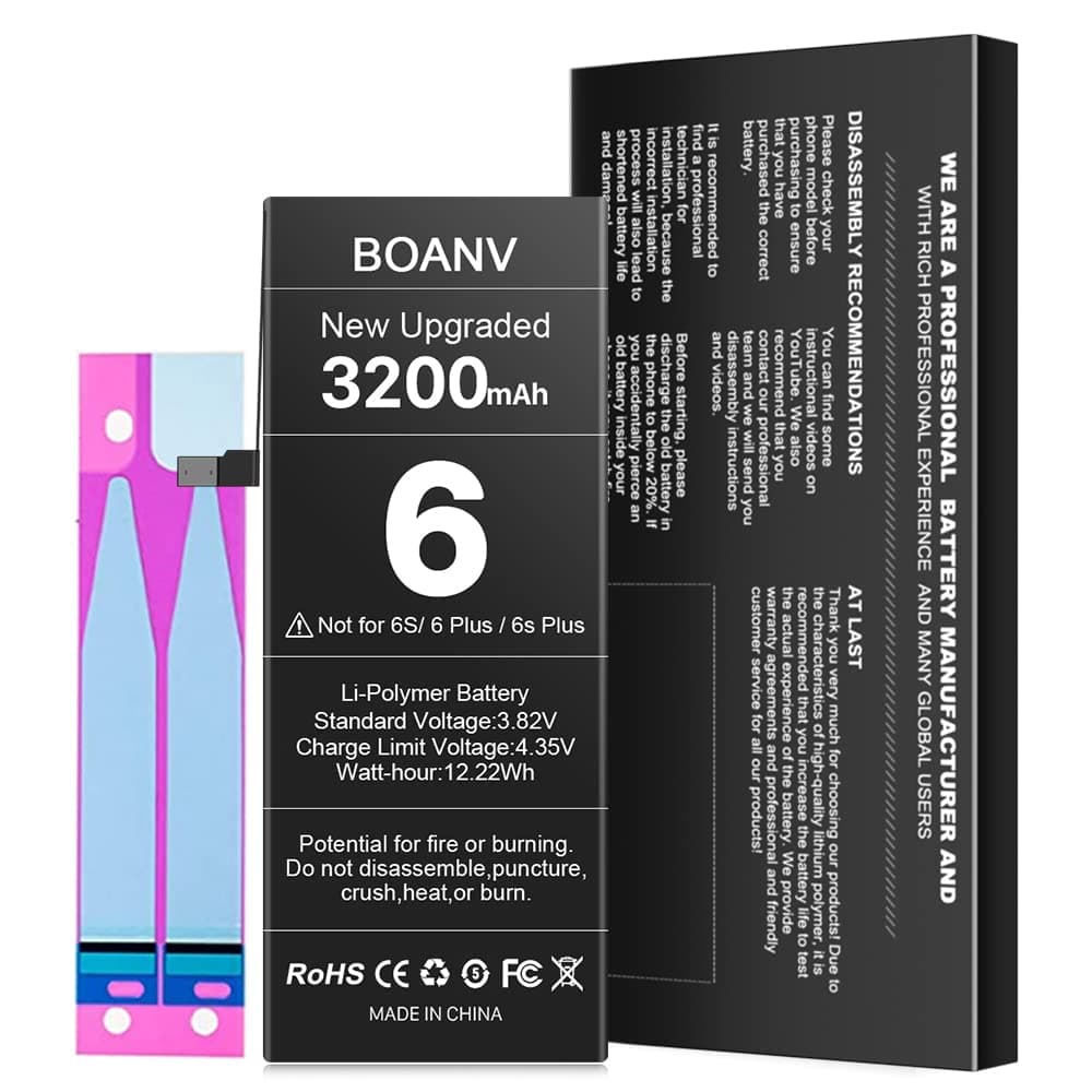 [3200mAh] Battery for iPhone 6, (2022New Version) BOANV Ultra High Capacity A1549/A1586/A1589 Battery Replacement with A Set of Adhesive Strips