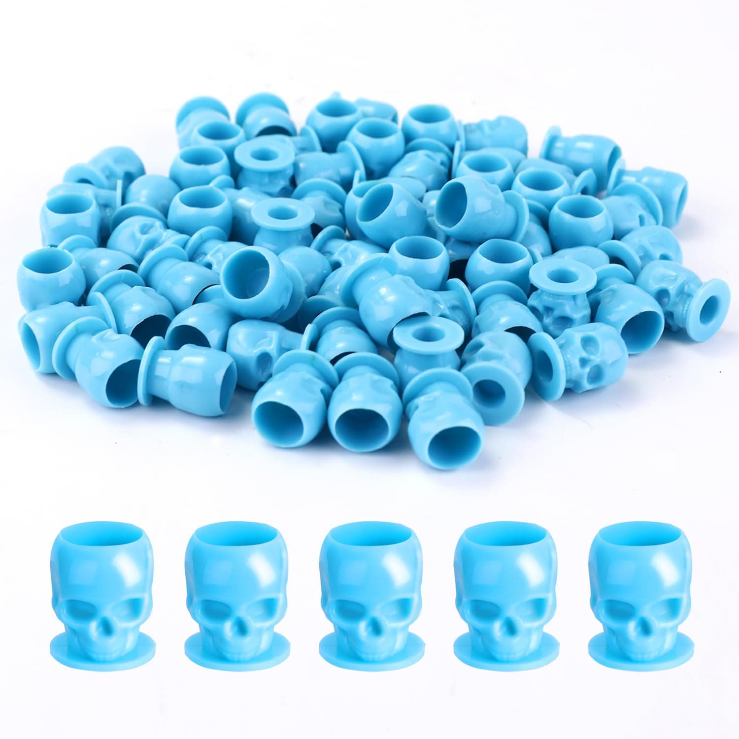 Tattoo Ink Caps 200PCS Disposable Skull Plastic Ink Cups for Tattooing Makeup Eyebrow Eyeliner Lip Pigment Holder Cups with Base Tattoo Supplies and Accessories (Blue)