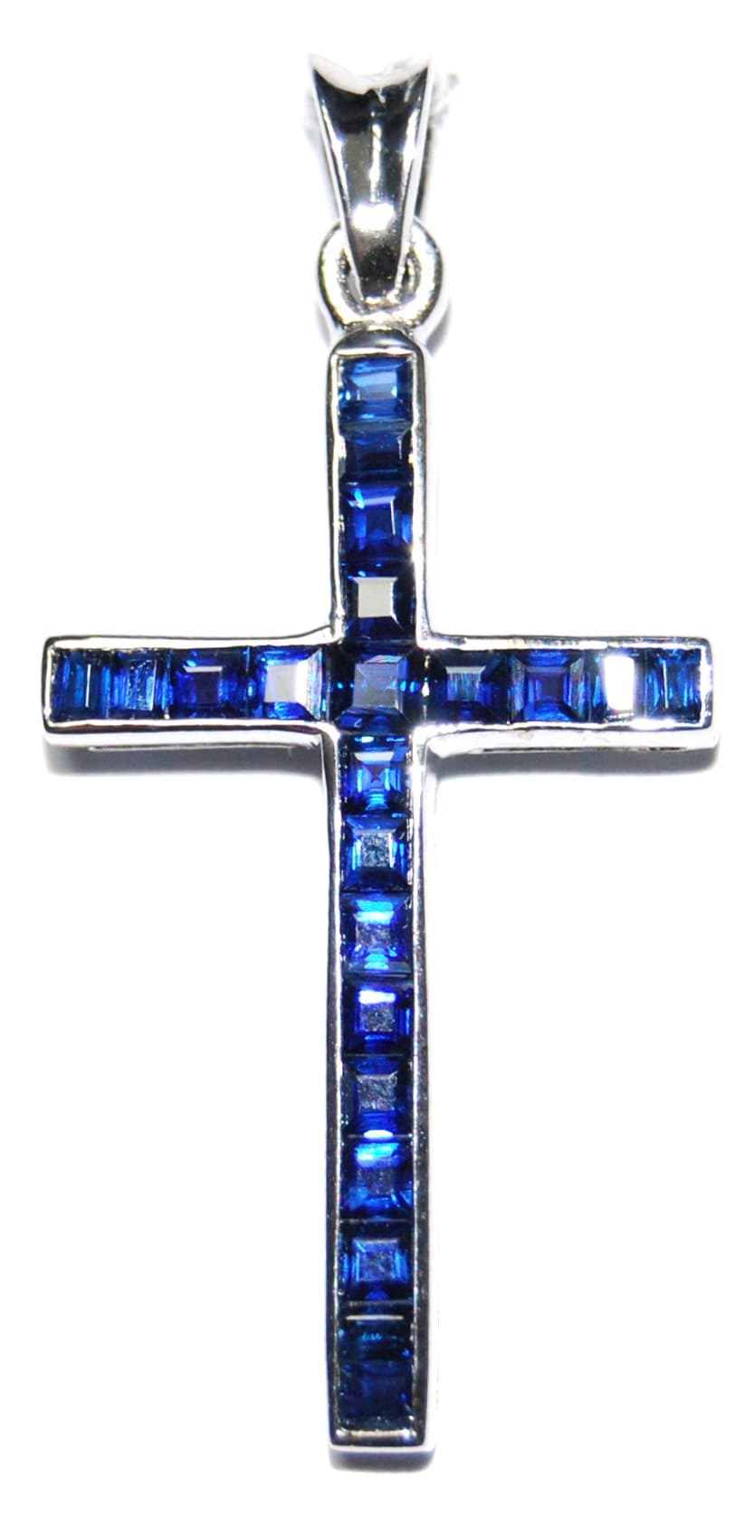 Blue Sapphire Cross Pendant Gemstone Eternity 18K White Gold [P0123]
