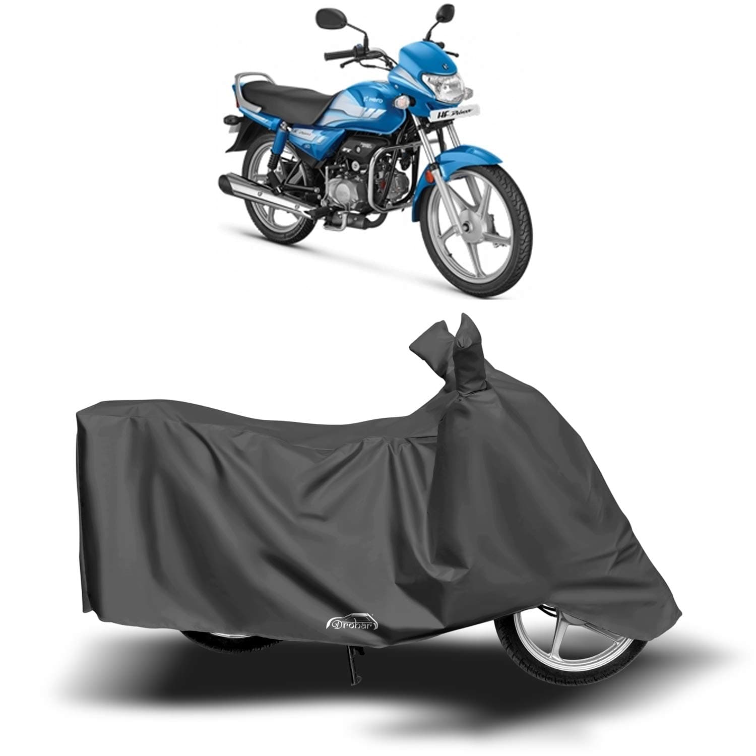 DROHAR - Hero HF Deluxe New BS6 Water Resistant - Dust Proof - Full Bike Scooty Two Wheeler Body Cover for Hero HF Deluxe (Grey)