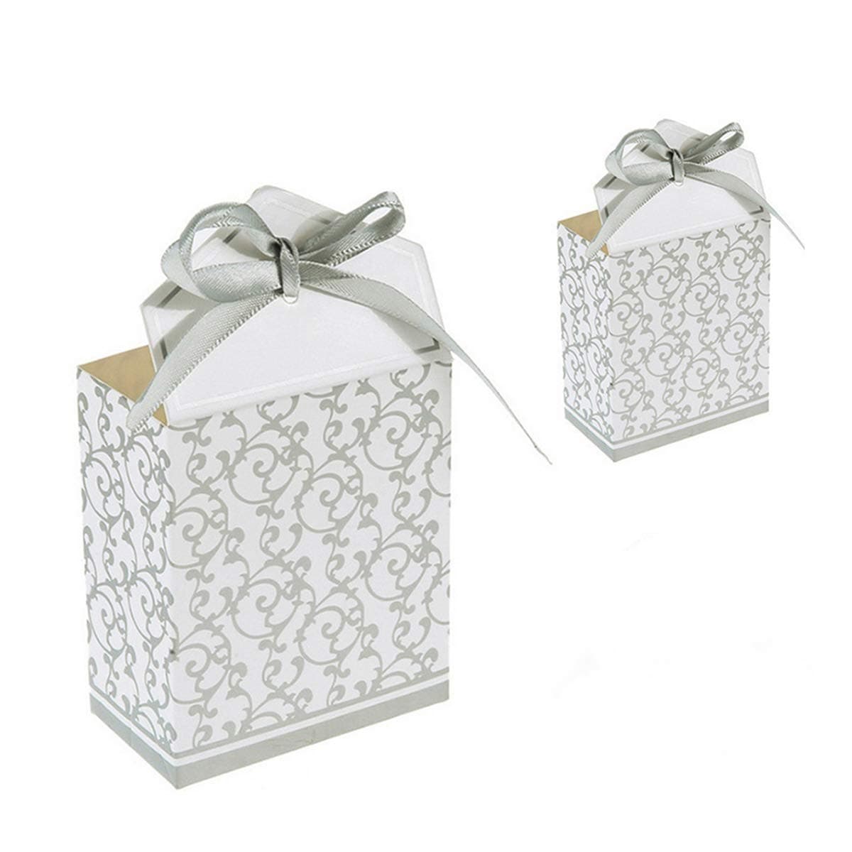 50 Pcs Silver Candy Boxes Gift Boxes Cake Boxes Candy Bag with Gift Ribbons for Wedding Favor Birthday Party Bridal Shower