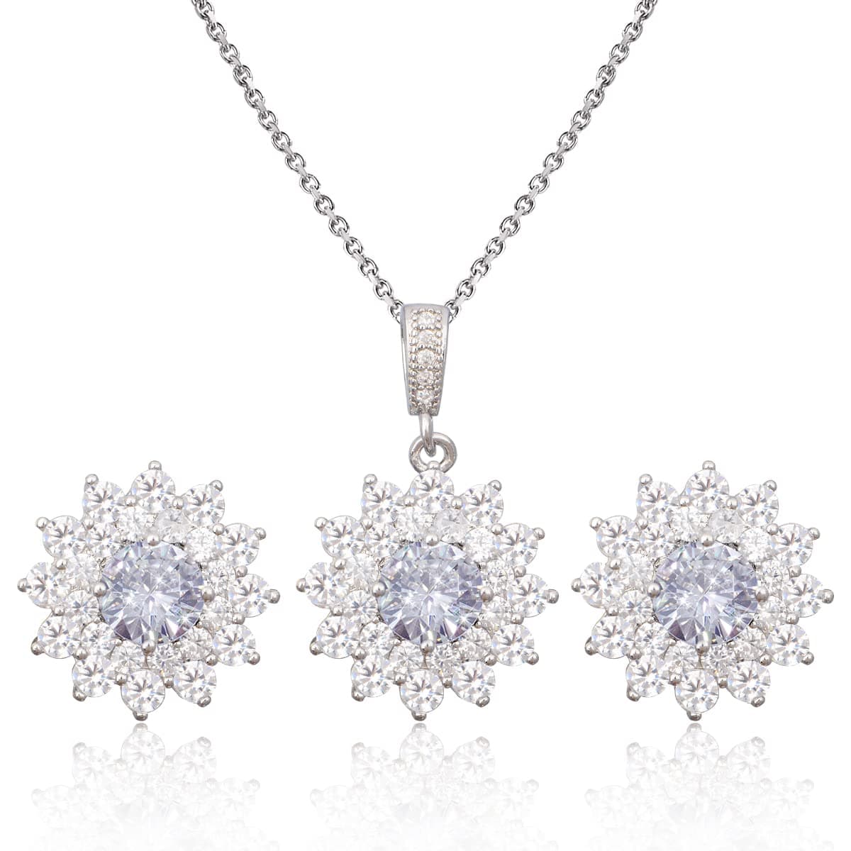 MycittaBridal Cubic Zirconia Jewelry Set - Sterling Silver Dazzle Round Crystal CZ Rhinestone Birthstone Flower Floral Pendant Necklace Stud Earrings Set for Wedding Bride Bridesmaids Birthday Gift