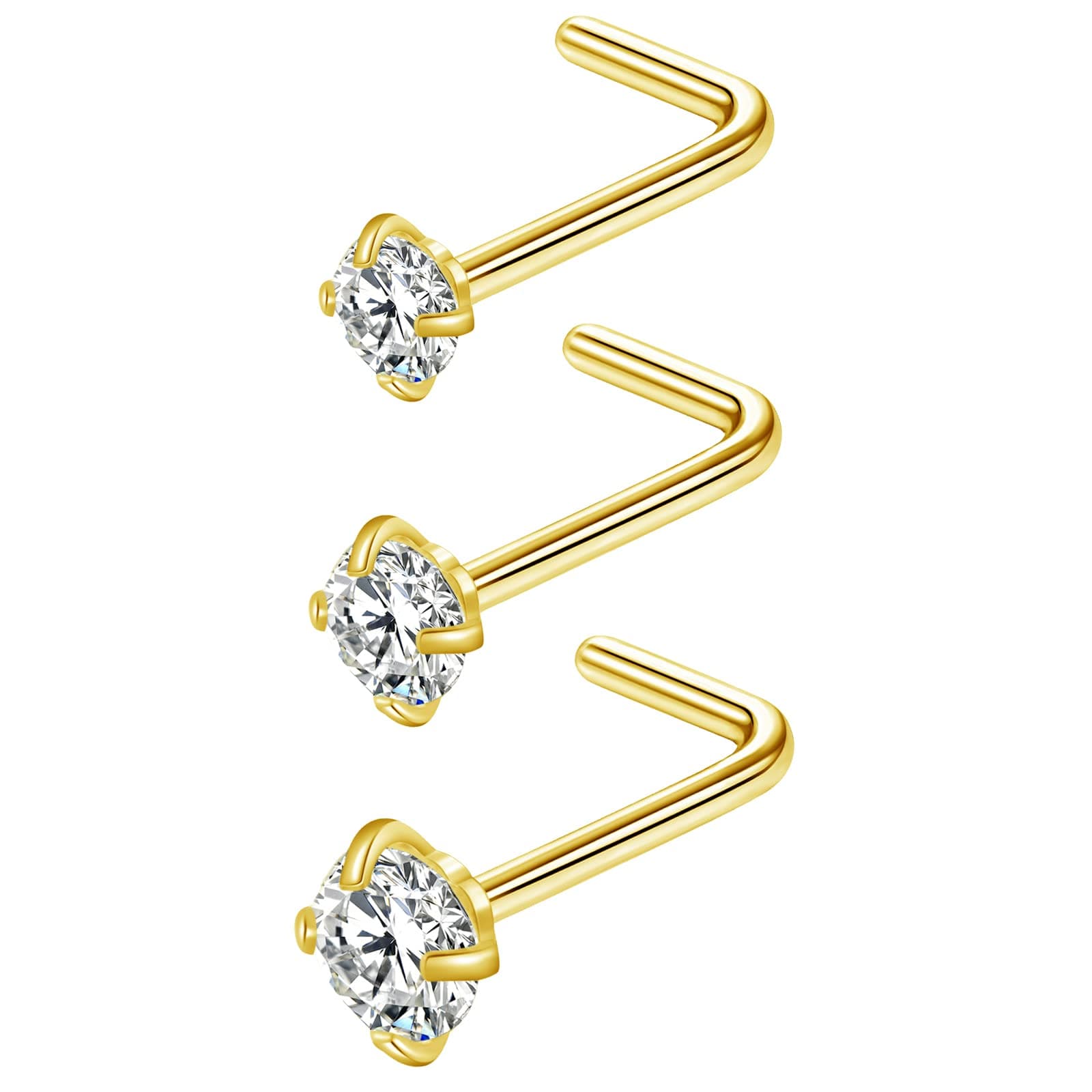 Zifoan 3 Pcs Stainless Steel Nose Rings Studs 20 Gauge L Shaped Curved Nose Piercing Jewelry 2mm 2.5mm 3mm Diamond CZ Nose Stud L Bend for Women Girl Piercing - Gold