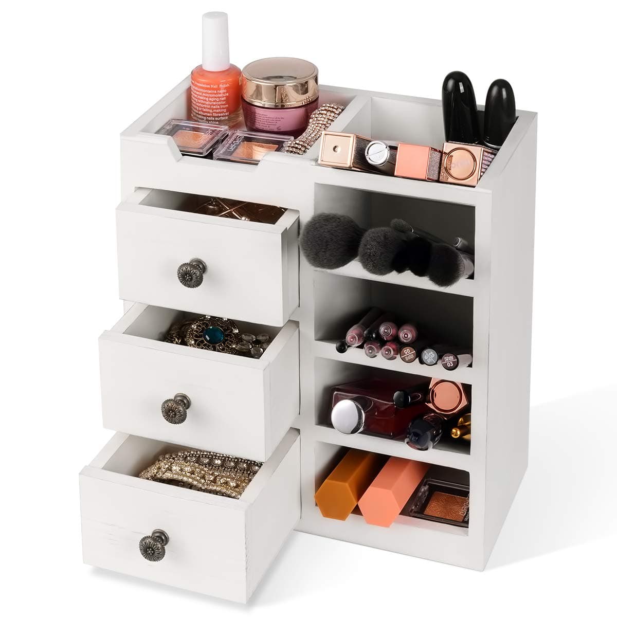Ikkle Wood Makeup Brush Holder Organizer, Wall Mount Desk Organizer with 3 Drawers, Cosmetic Storage Box, Makeup Organizer with 4 Compartments, Perfect Dresser, Desktop Organizer, Rustic White