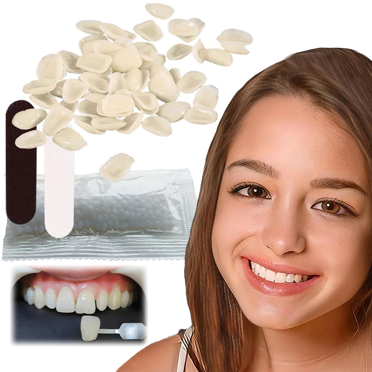 VEZE Tooth Repair Kit-Thermal Fitting Beads Granules and Fake Teeth for Temporary Fixing Missing and Broken Tooth, Moldable Fake Teeth and Thermal Beads Replacement Kit.【Teeth - Piece Yellow】