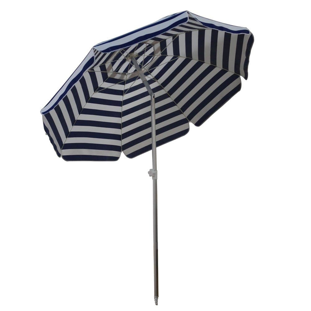 Aluminum Beach Umbrella, 6.5’ with Sand Anchor and Air Vent—Blue Striped