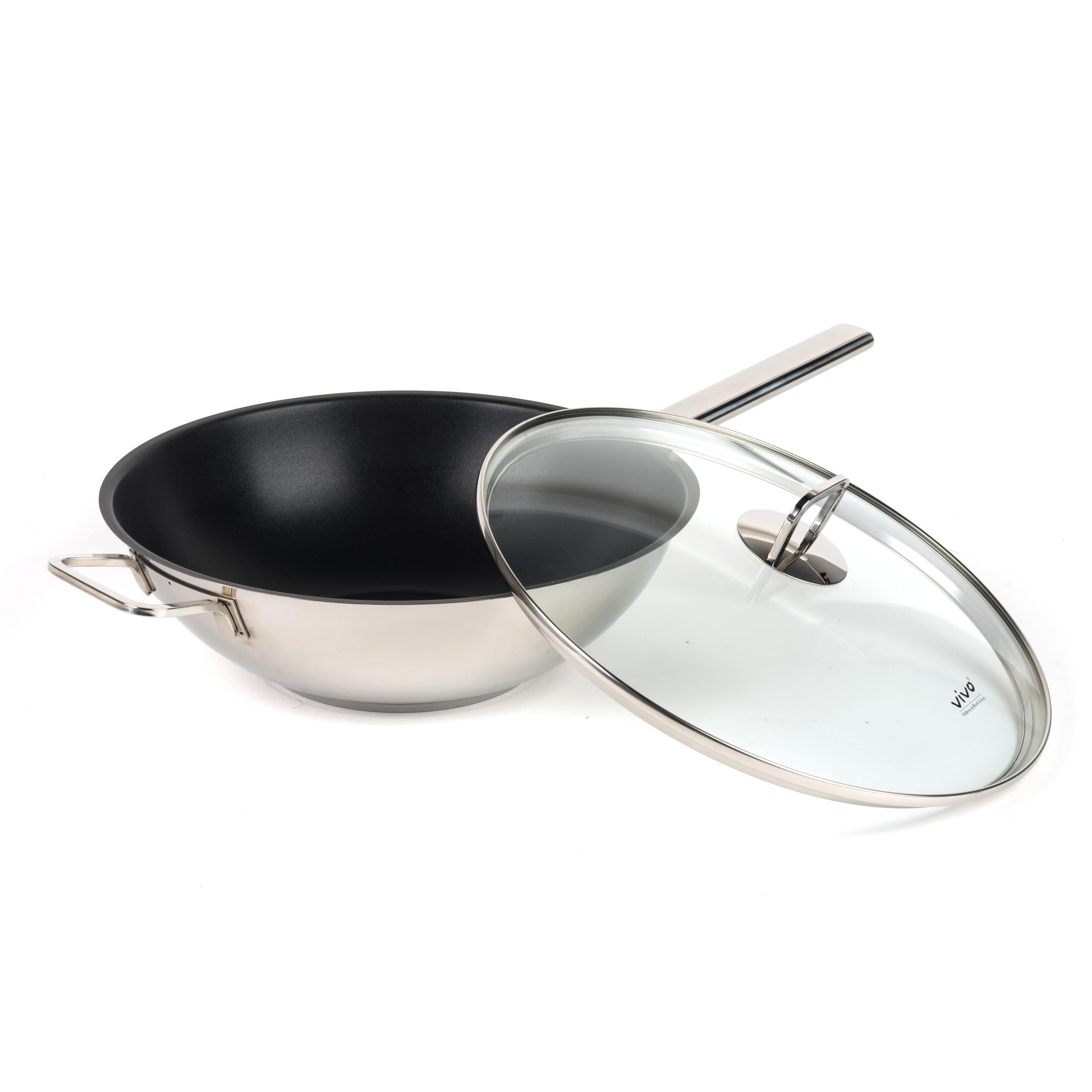 Villeroy & Boch Vivo COMBO-5297 Stainless Steel Wok Set of 2 – 30 cm Non-Stick Coated Deep Pan with Glass Lid, Induction Suitable, Large Pan for Stir Fry with Flat Bottom, Cook with Little Or No Oil