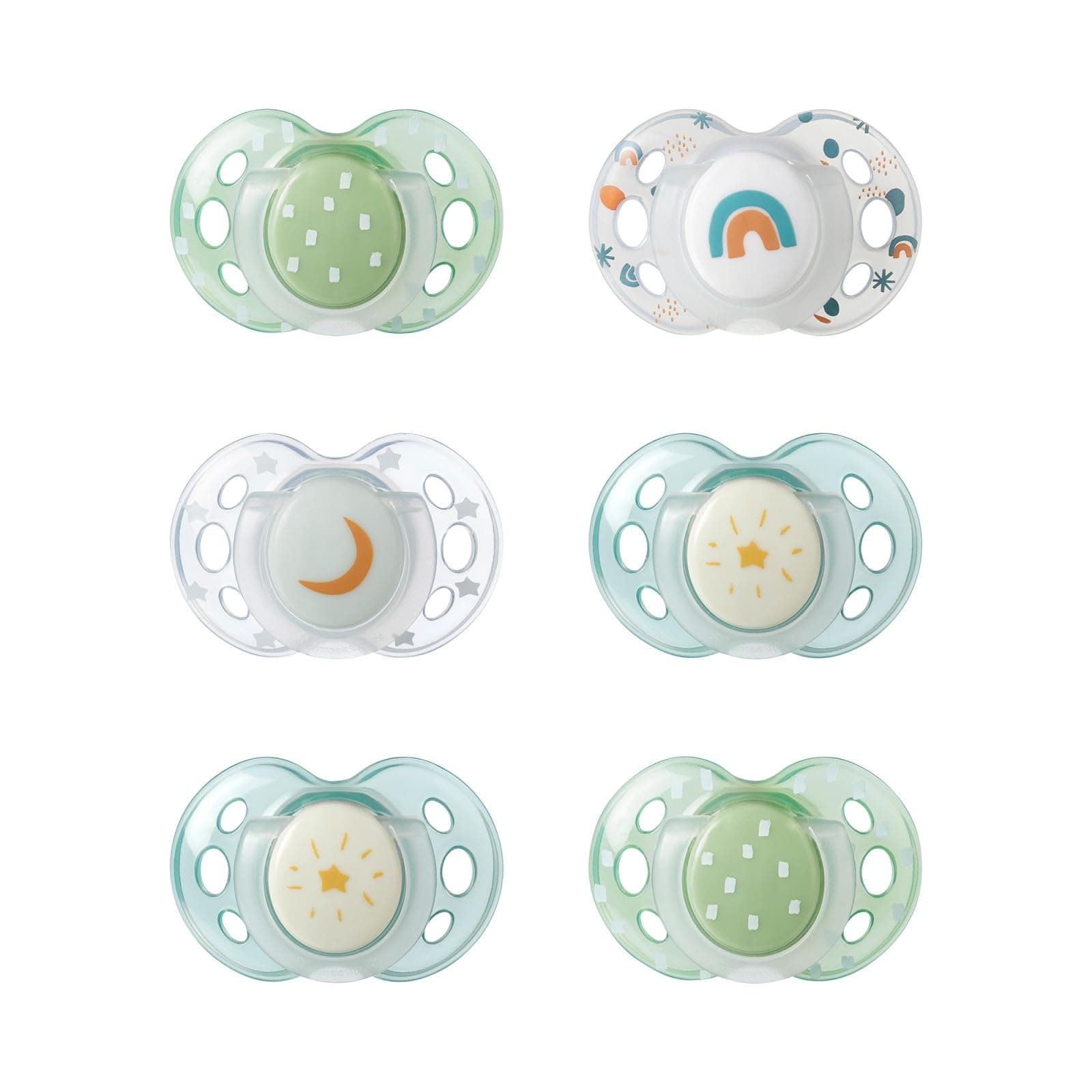Tommee Tippee Nighttime Soothers, 18-36m, 6 Pack, Glow in The Dark, Varied Colours and Designs, Symmetrical Orthodontic Dummy, BPA-Free Silicone Teat