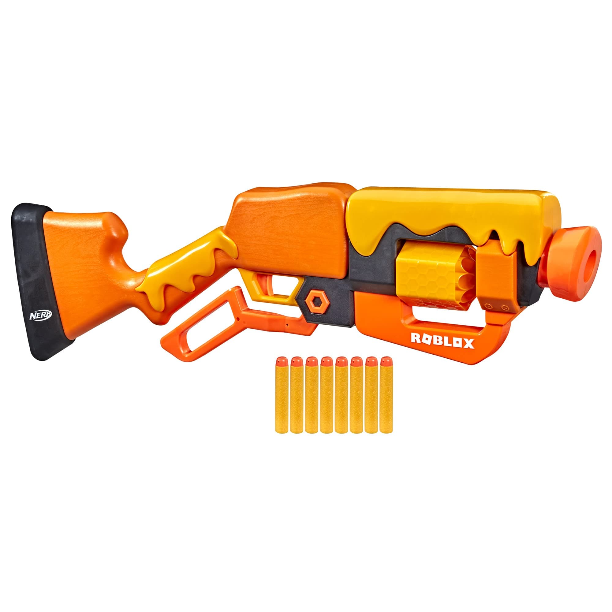 NERF Roblox Adopt Me!: Bees! Lever action dart blaster, 8 rotating dart drums, 8 elite darts, and code to unlock virtual items in the game