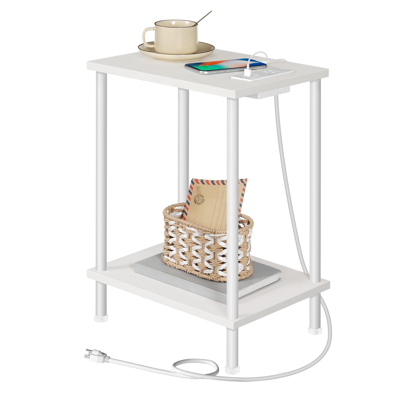 HOOBRO Side Table with Charging Station, End Table with USB Port and Outlets, Nightstand with 2-Layer Storage Shelves for Small Spaces, Living Room, Bedroom, White WW09UBZ01
