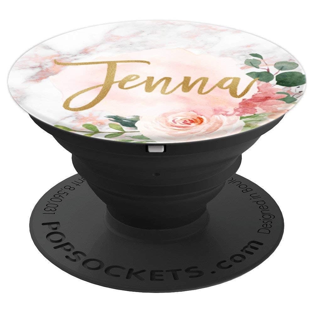 Jenna First Name Gift Rose Pink Marble and Pink Floral PopSockets PopGrip: Swappable Grip for Phones & Tablets