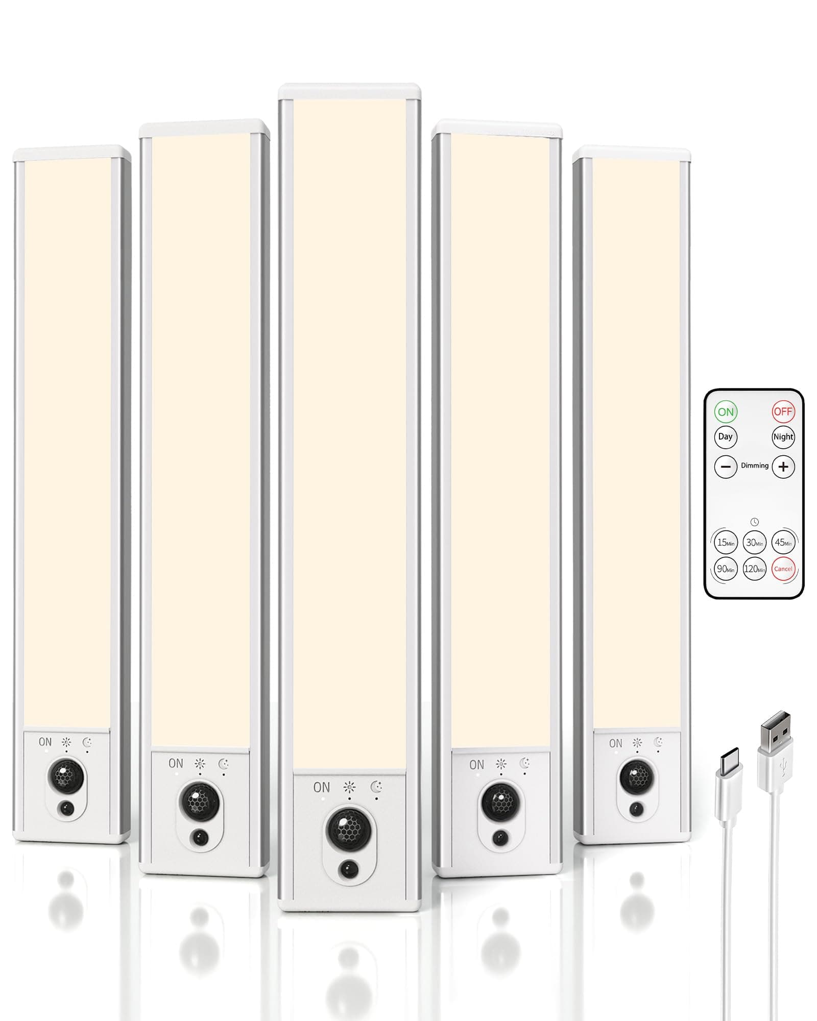 Under Cabinet Lights, LED Closet Lights, Wireless USB Charging, Motion Sensor Lighting, Indoor 3500 K, Dimmable with Remote Control (Warm), Pack of 5