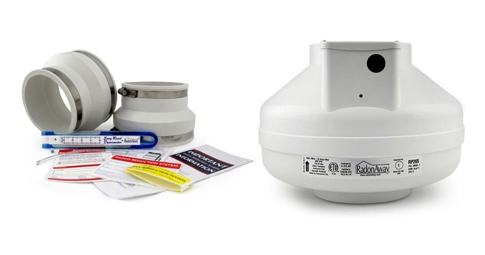 RadonAway RP260 Fan + Install Kit (Rubber couplings, dynameter and labels) (White, 4x6)