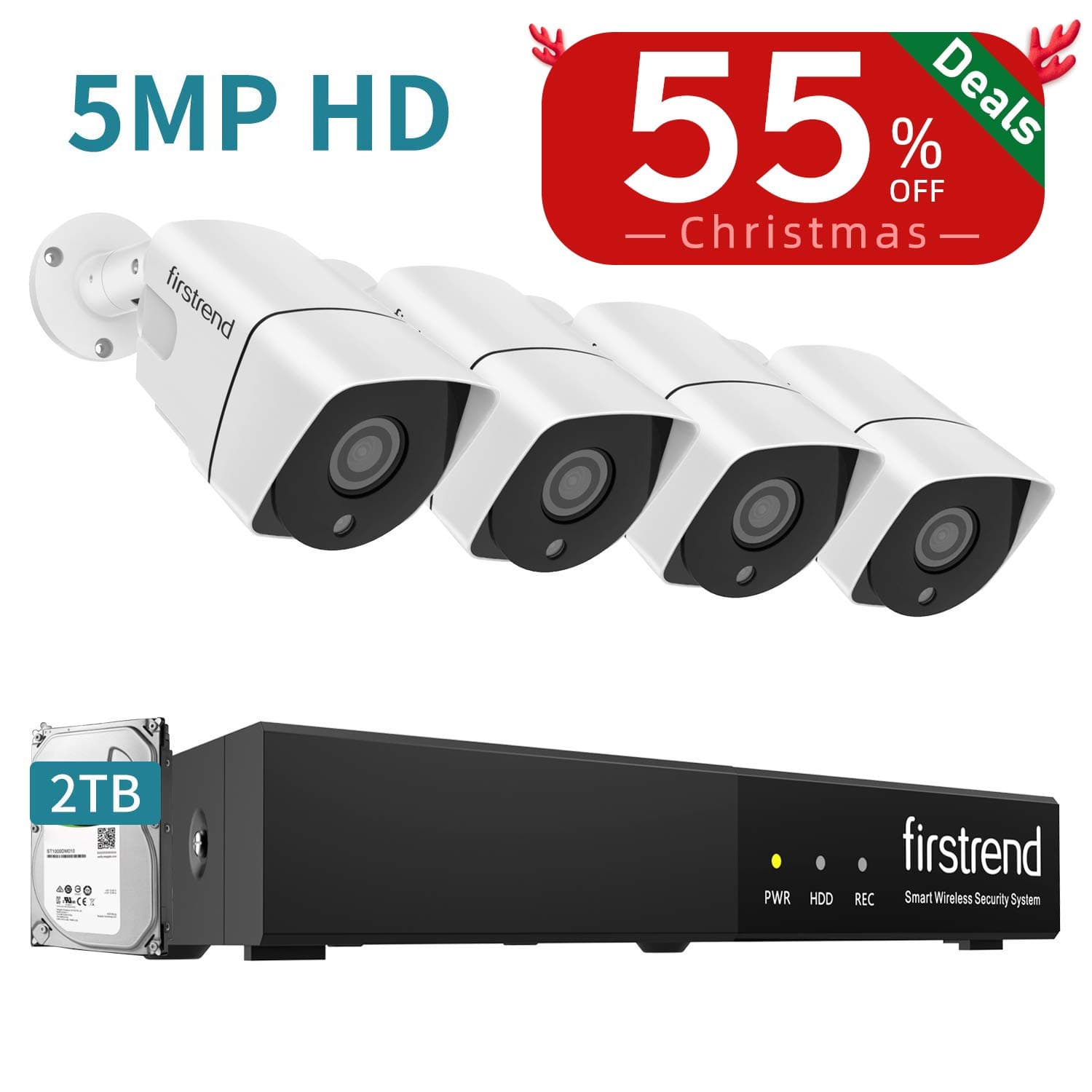 PoE Camera System 5MP,Firstrend Security Camera System PoE with 4pcs 1920P IP Security Cameras P2P PoE Home Security System with 2TB Hard Drive Night Vision Free App