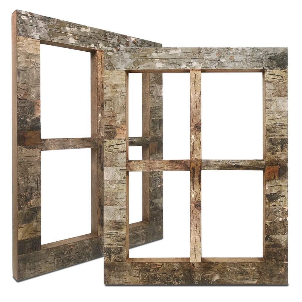 Eosglac Rustic Window Frames Birch Bark Wall Decor, Farmhouse Wood Pane Decorations for Living Room Bedroom Bathroom Indoor or Outdoor, 13x16.7 inch Set of 2