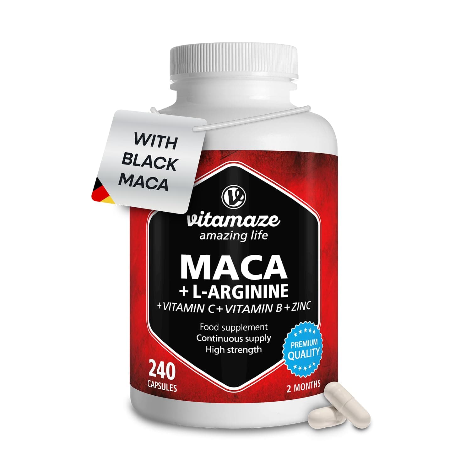 Maca Root Capsules for Women and Men with L-Arginine, B6, B12 and Zinc - Hormonal Balance, Anti-Stress, Energy Booster - 240 Capsules for 2 Months - Organic Supplement, German Quality- Vitamaze