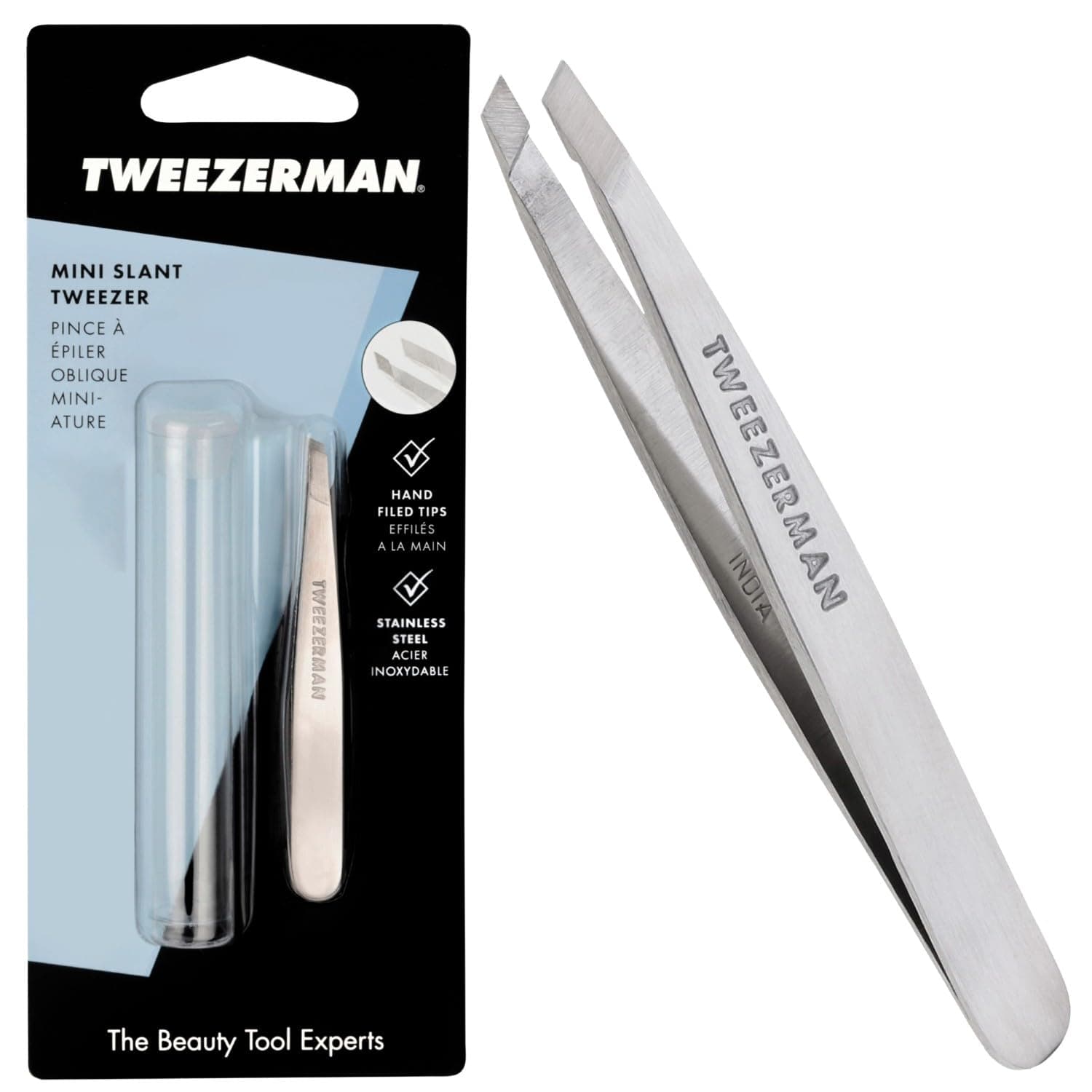 Tweezerman Mini Slant Tweezer, Professional Stainless Steel Precision Tweezers for Facial Hair and Eyebrows, with Travel Case, (Pack of 1)