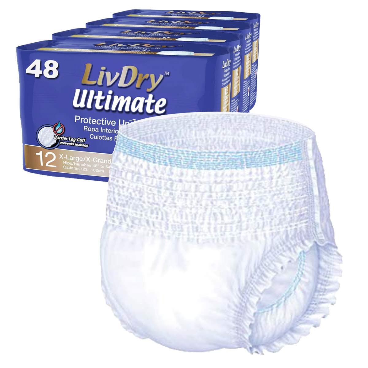 LivDry Ultimate XL Adult Incontinence Underwear, High Absorbency, Leak Cuff Protection, X-Large, 48-Pack