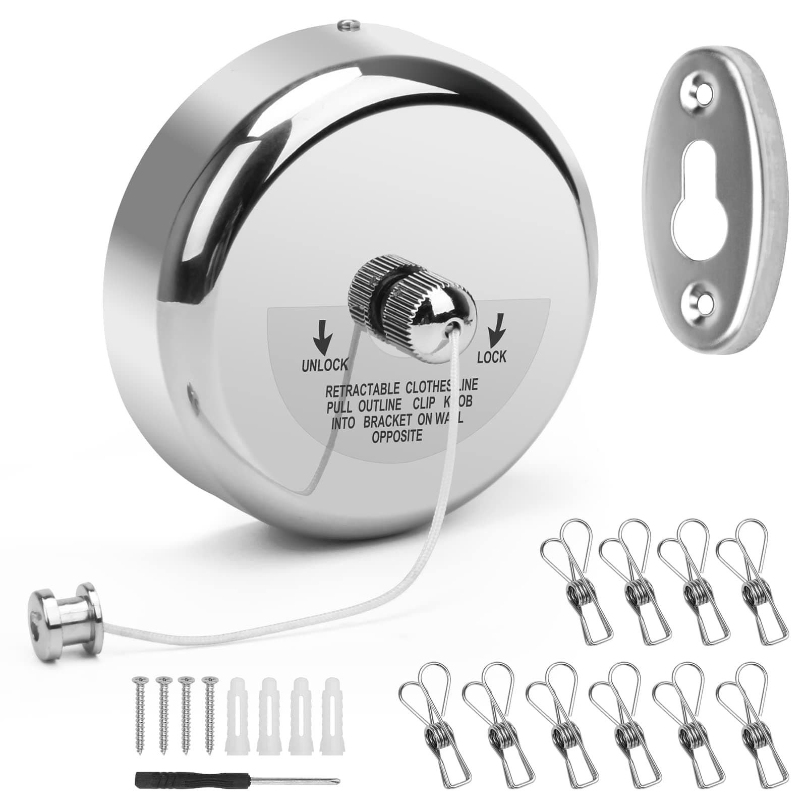 Retractable Clothesline, Stainless Steel Round Clothes Line Retracting Indoor for Hotel, Bathroom, Laundry with 10 PCS Metal Clothespins Adjustable Rope Shower Clothing Line(9.2FT Nylon String)