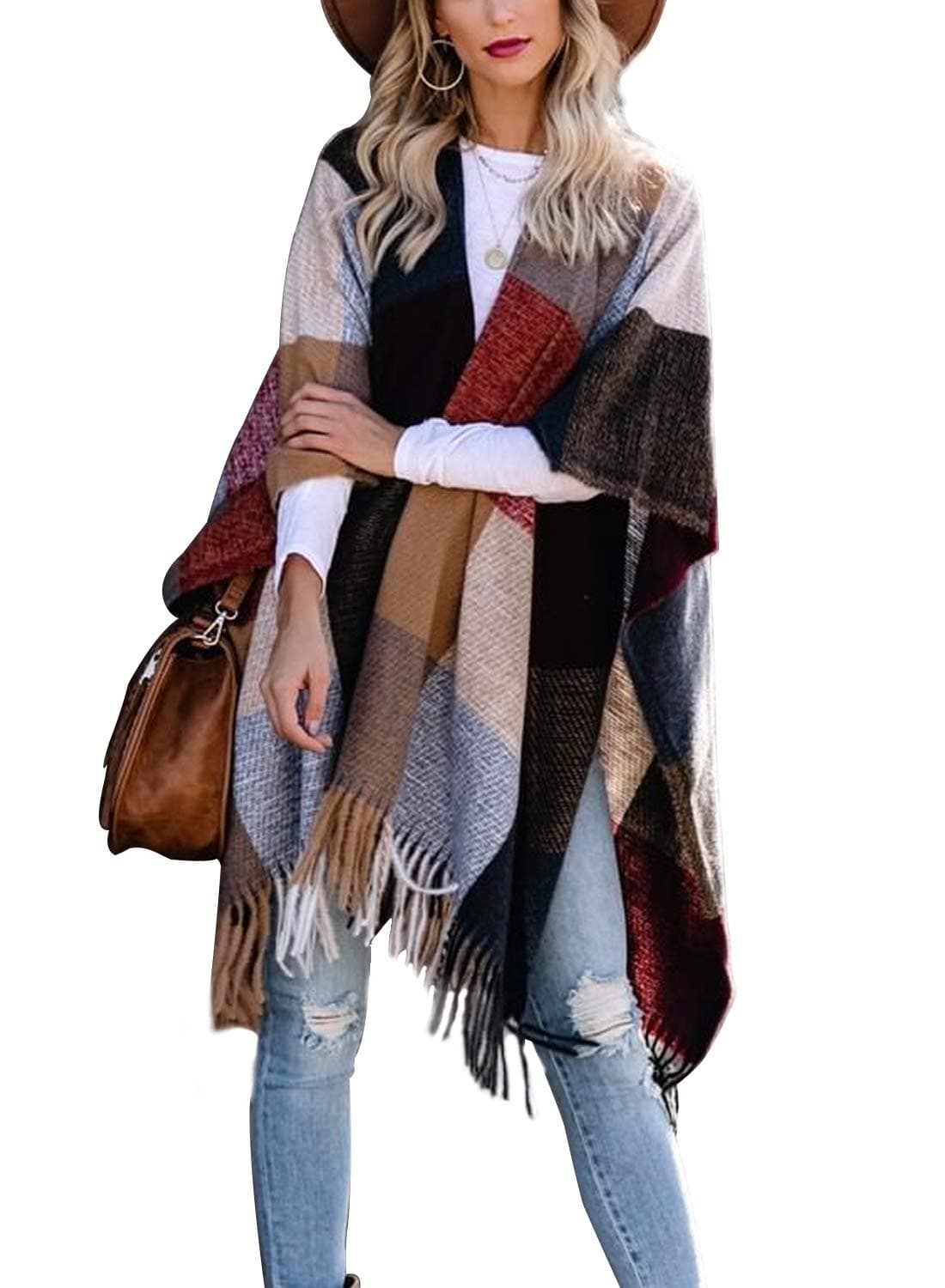 CiCiBirdWomen Buffalo Plaid Blanket Poncho Plus Size Fleece Kimono Sweaters Knit Fringe Shawl Wraps Warm Capes