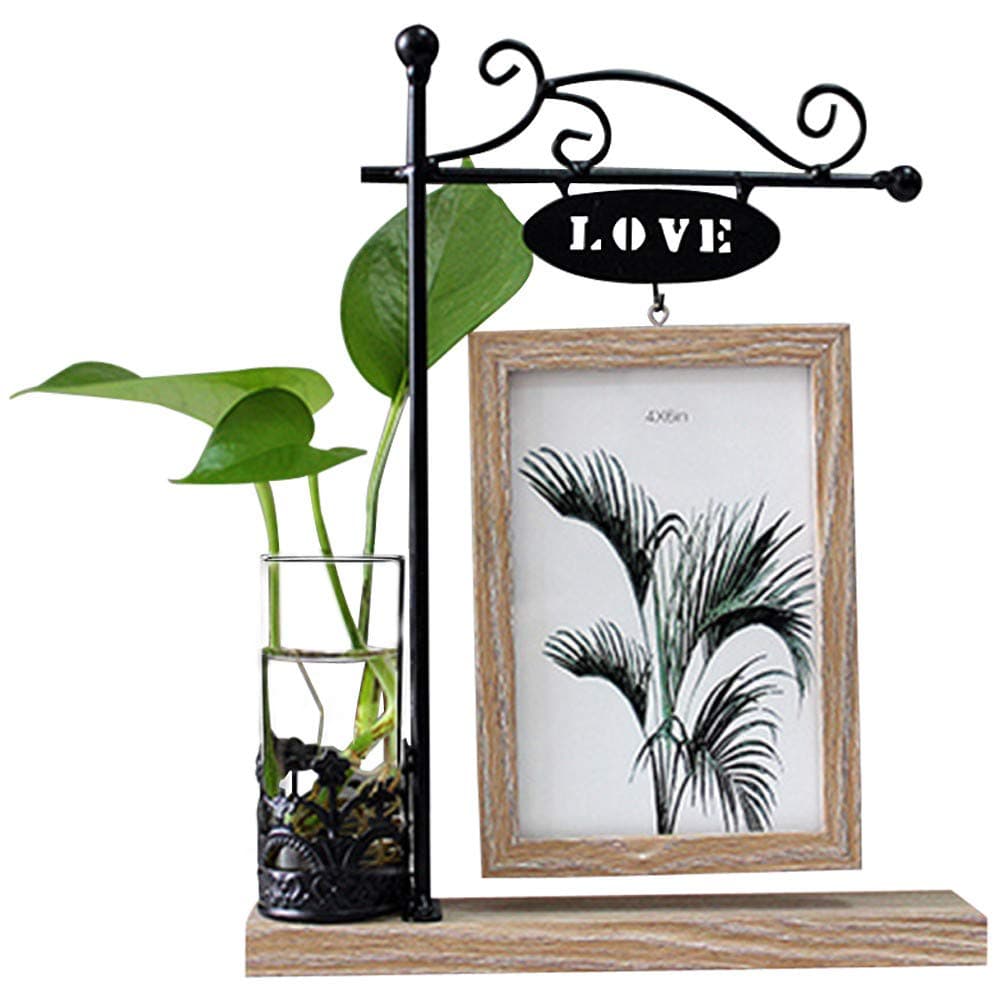 Black Metal Love Rectangular Double-Sided Picture Frame Holds 2 pcs 4x6 inch Vertical Pictures with Glass Front for Desk,with Hydroponics or Artificial Plants Glass Vase-Wedding (Brown-4x6)