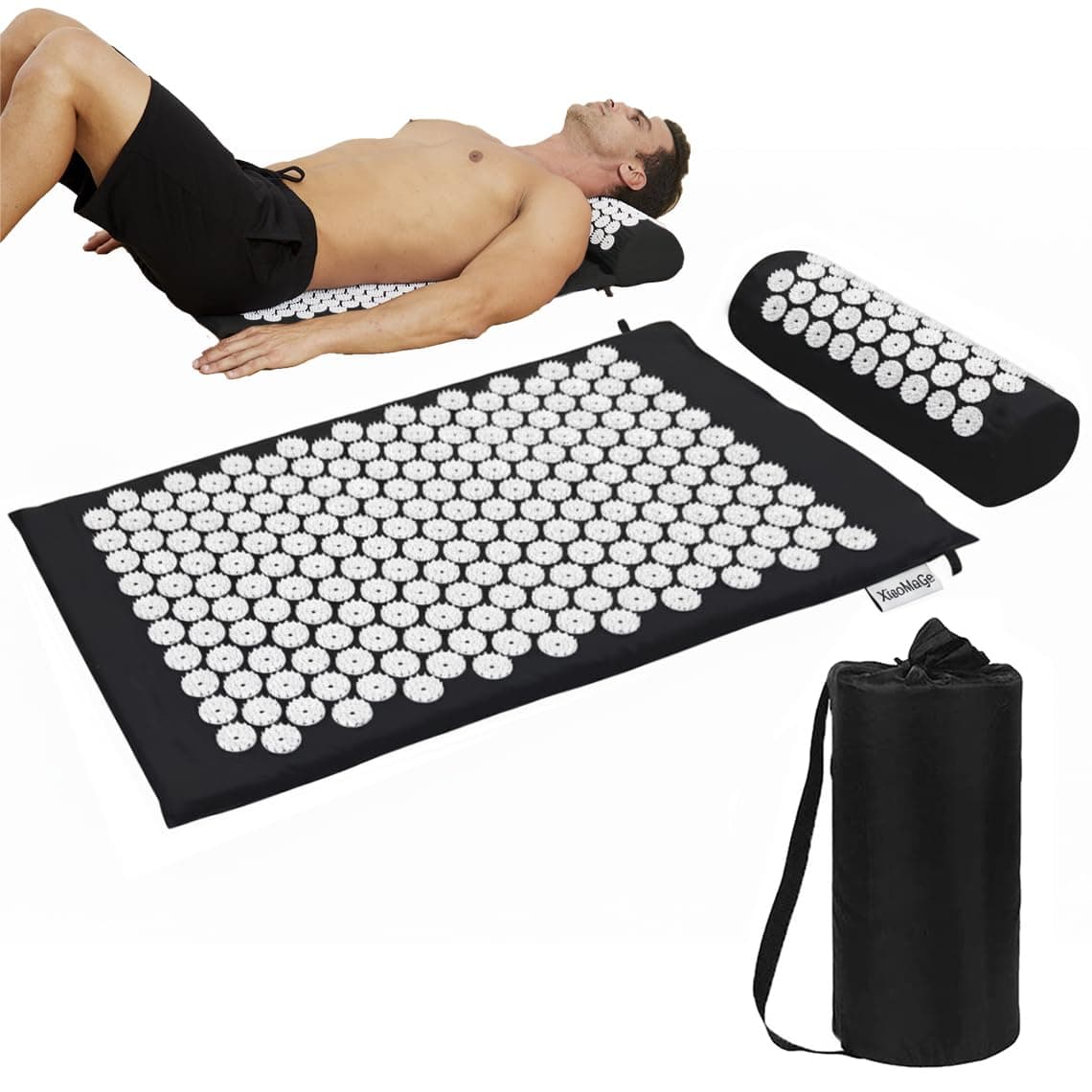 Yoga Acupressure Mat and Pillow Set with Bag - Extra Long 28.7 X 16.5 inch Massage Acupuncture Mat - Naturally Relax Back, Neck and Feet Muscles - Stress and Pain Relief (Black)