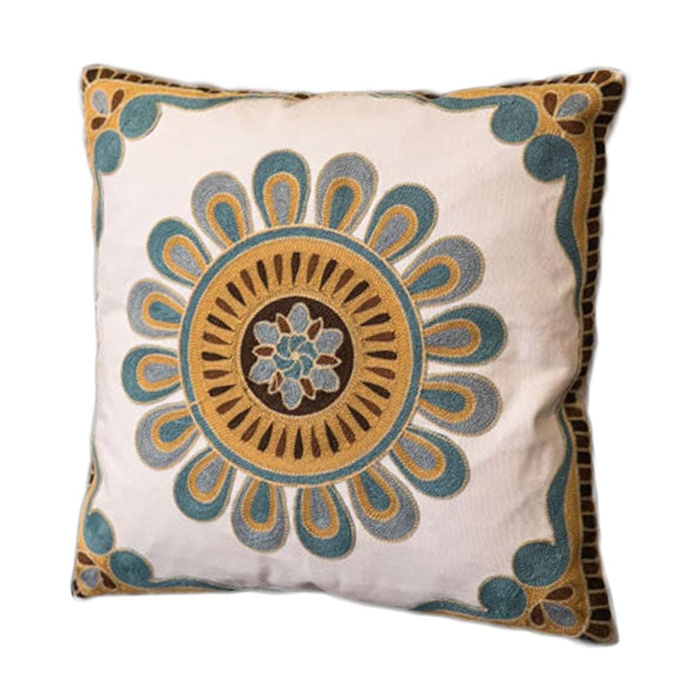 Embroidered Decorative Throw Pillow Covers | Bohemian Floral Square 20x20 Inches Rustic Pillows Cover for Sofa Couch Living Room Bedroom 100% Cotton Pillows, Light Blue Sunflower