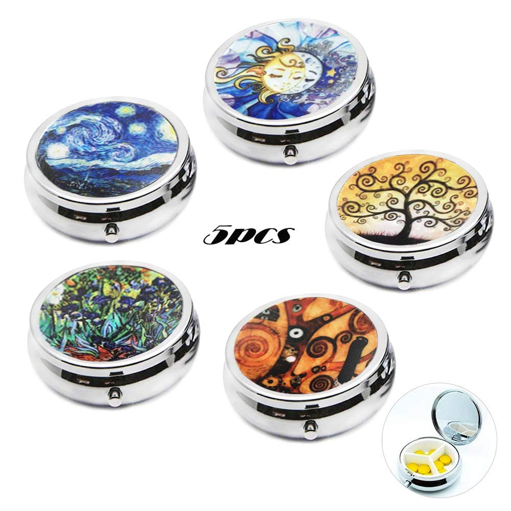 5Pcs Elegant Round Pill Box Case for Purse Pocket, AUHOTA Portable Metal Medicine Tablet Holder Organizer Container with 3 Compartments for Travel Handbag Gift (45mm, 5Styles)