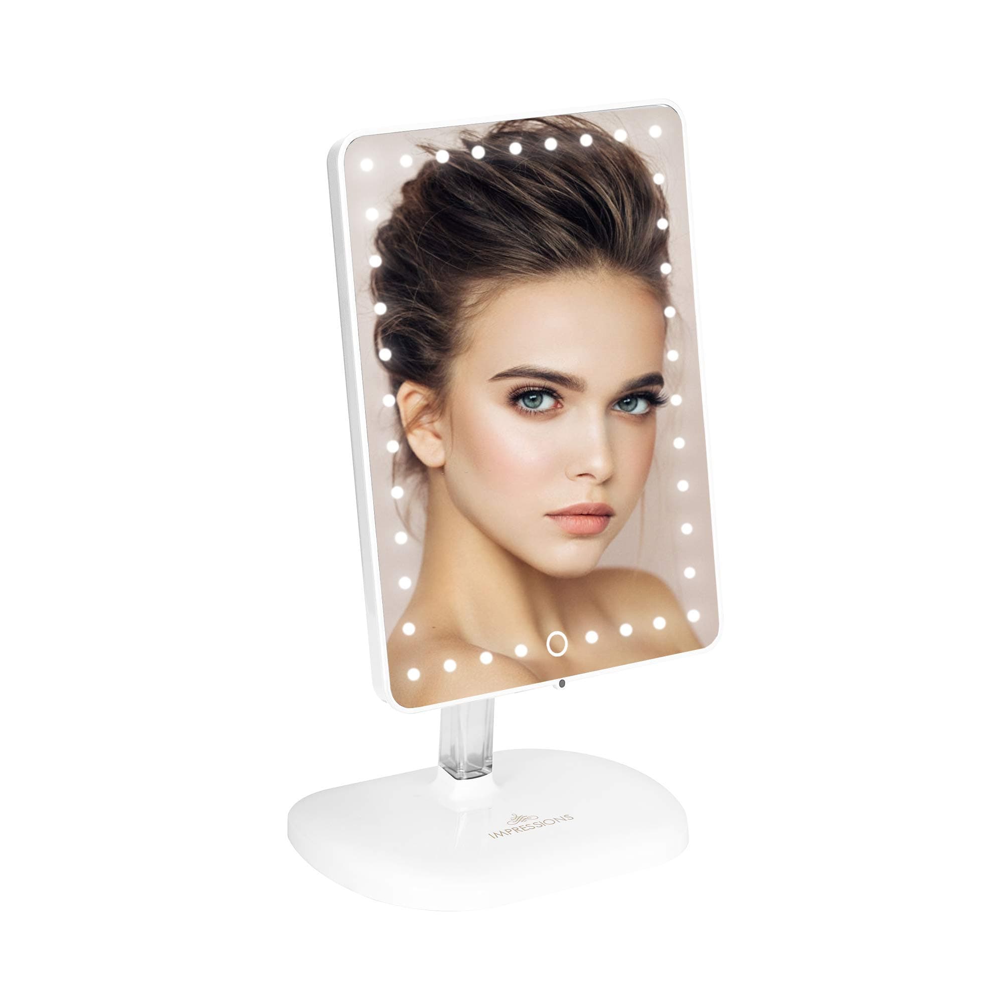 Impressions Vanity Touch Pro Makeup Mirror with LED Lights and Speaker, 360 Adjustable Rotation Rectangle Vanity Mirror with Touch Screen Switch and USB Charging Port (White)