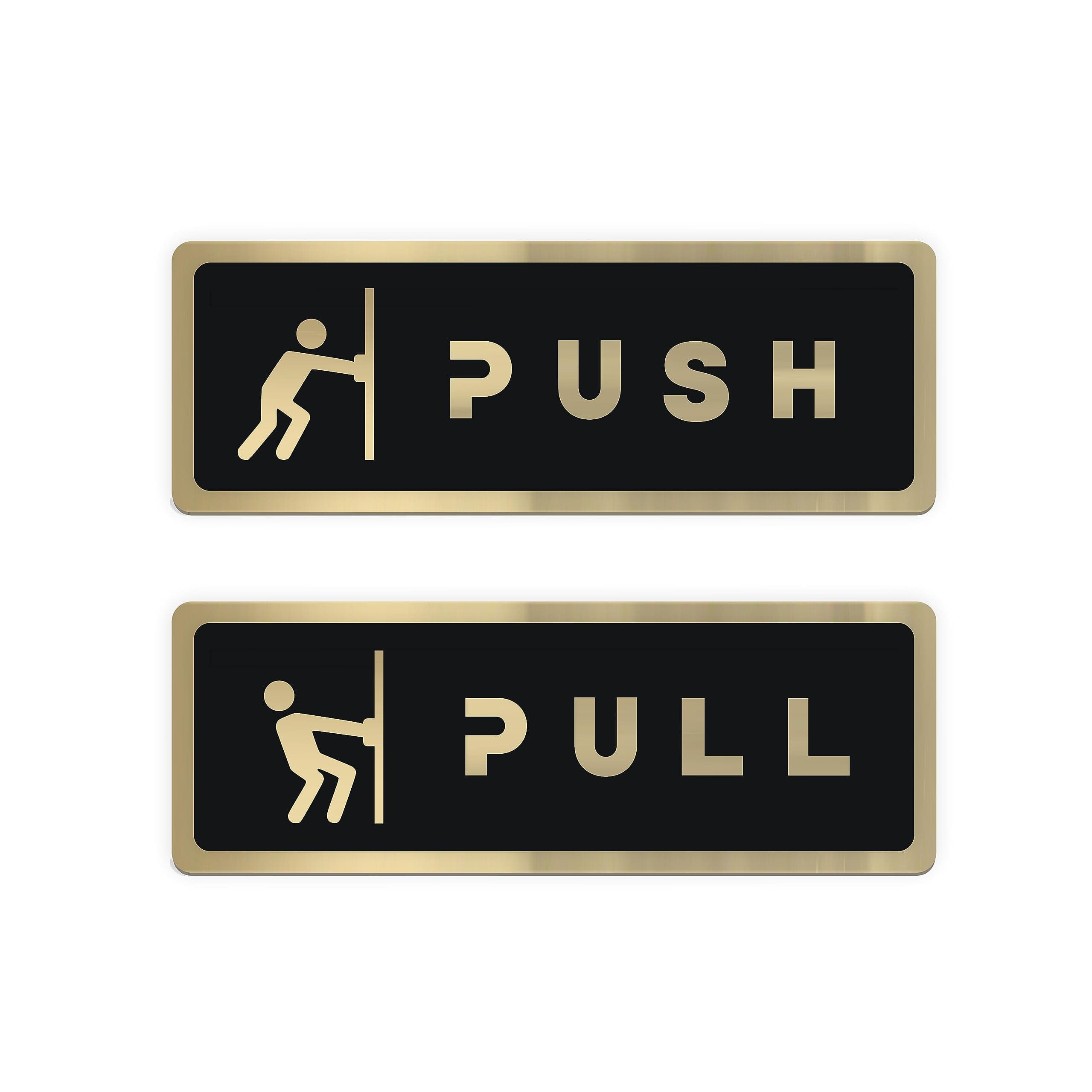 Push Pull Door Sign Sticker, Self-Adhesive Golden Black Acrylic 6.5 Inch Glass Door Signage