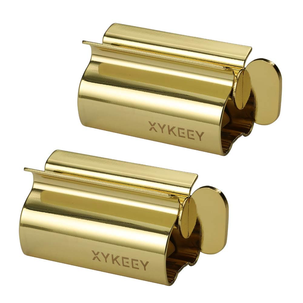 Toothpaste Tube Squeezer - Set of 2 Toothpaste Squeezer Rollers, Metal Toothpaste Tube Wringer Seat Holder Stand XYKEEY (Gold)