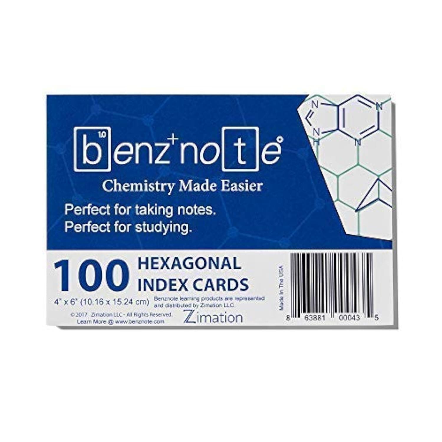 BENZNOTE Index Cards, for Organic and Bio Chemistry, 4" x 6", Hexagonal Graph Rule, Green Lined, 100 Index Cards