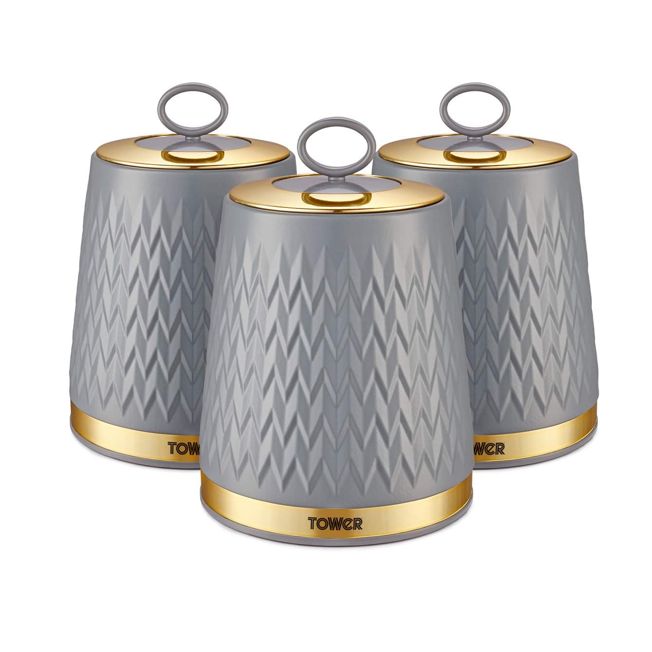 Tower T826091GRY Empire Set of 3 Storage Canisters for Tea Coffee Sugar, Grey and Brass, 1.3L, One Size