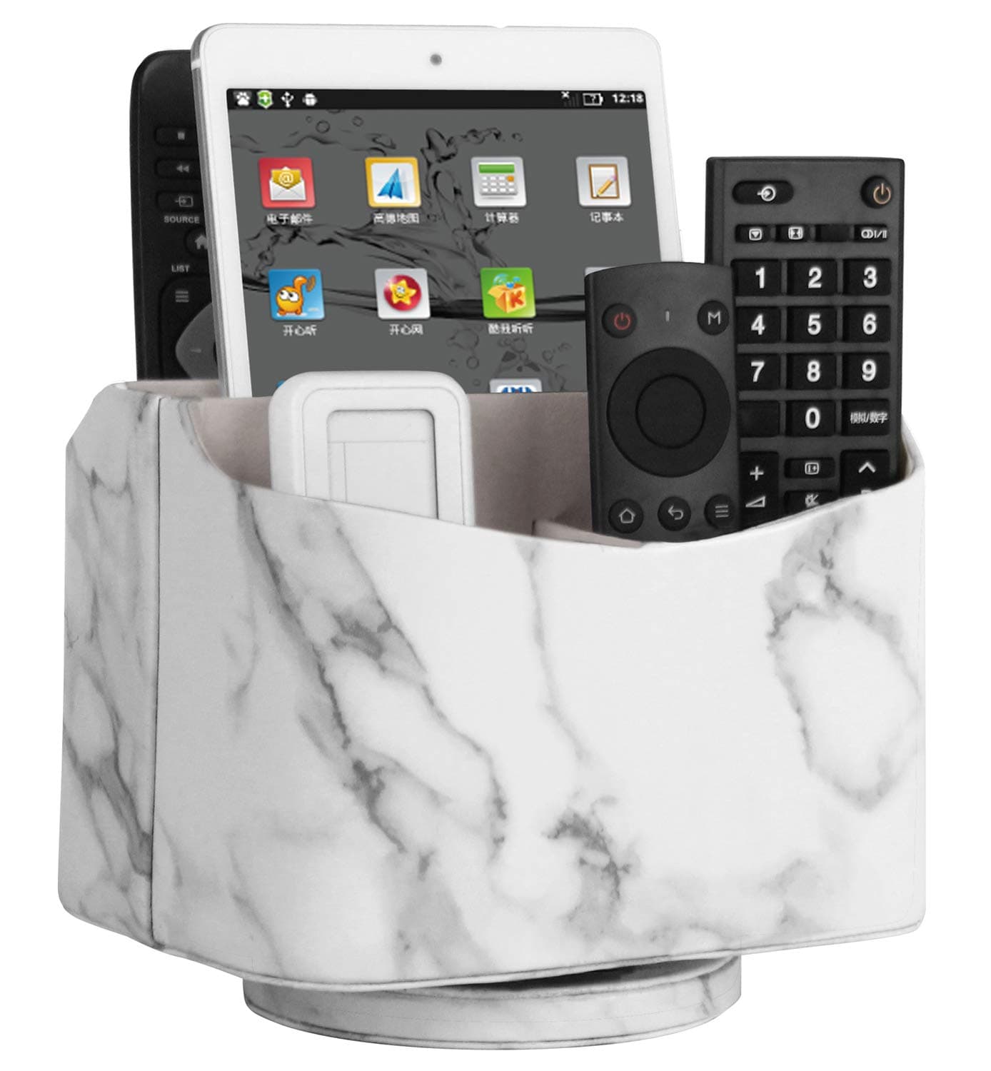 HofferRuffer Spinning Remote Control Holder, Remote Controller Holder, Remote Caddy, Media Storage Organizer, Spinning Remote Control Organizer, 7.3X 5.5 x 6 inches, Marble PU Leather