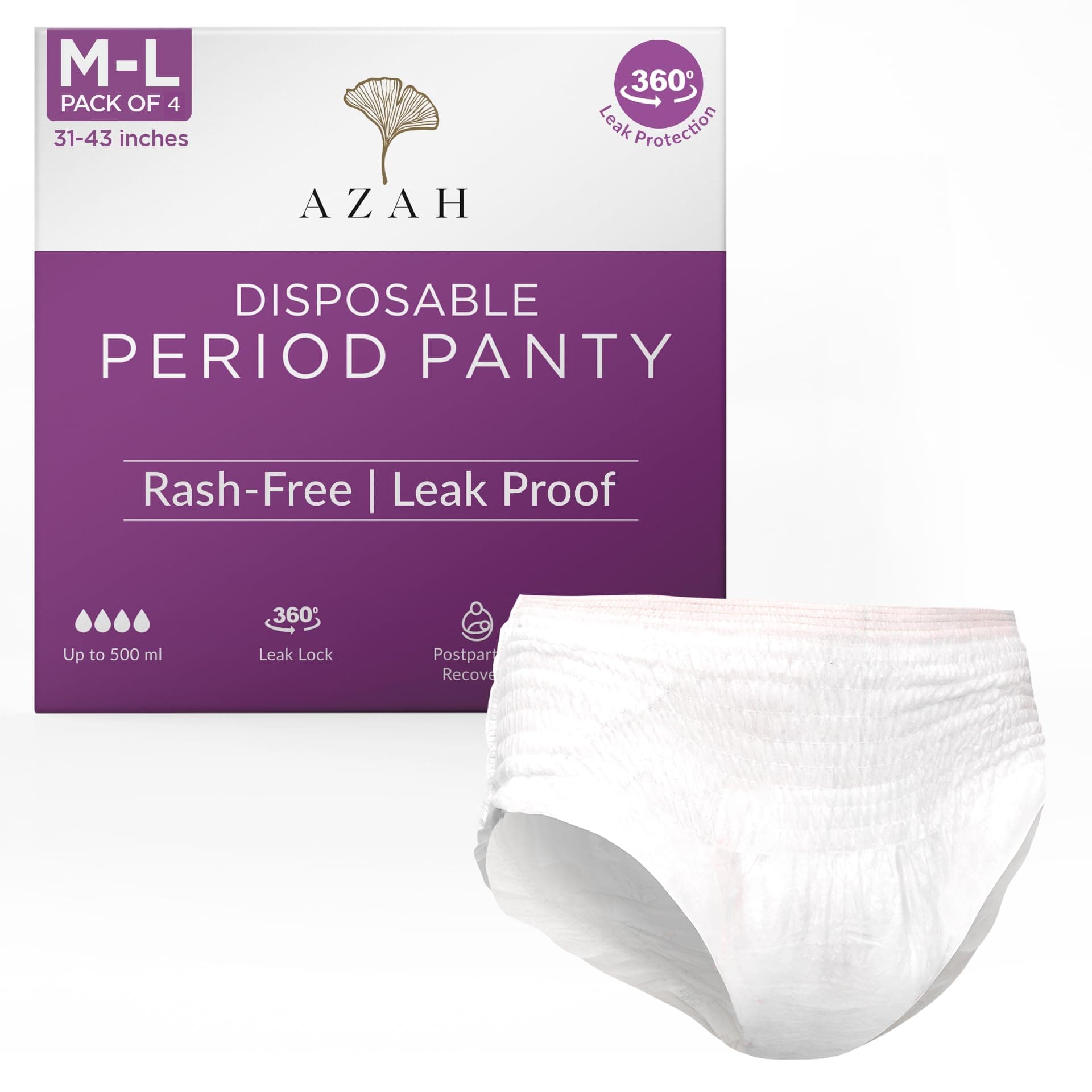 AZAH Periods Panty For Women [M-L Pack of 4] | 12 Hrs Protection | Super Absorbent 360° Coverage | Leak Proof Overnight Period Panty for Girls |Heavy Flow | Rash Free Disposable Panties After Delivery