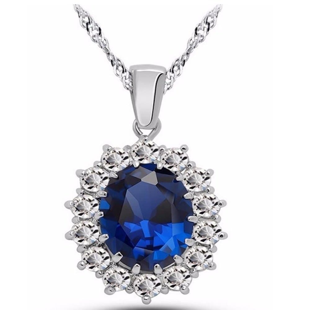 Caratcube Sapphire Blue Silver 18K White Gold Plated Austrian Crystal Kate Middleton's Princess Diana Inspired Necklace for Women (CTC - 106)
