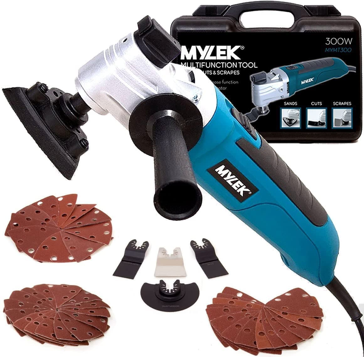 MYLEK Oscillating Multi Tool 300W Oscillating Electric Corded Multi Tools 6 Speed, Quick Change, Detail Sander, Multitool Cuts Metal, Plastic, Wood, 48 Piece Accessory Kit - Carry Case