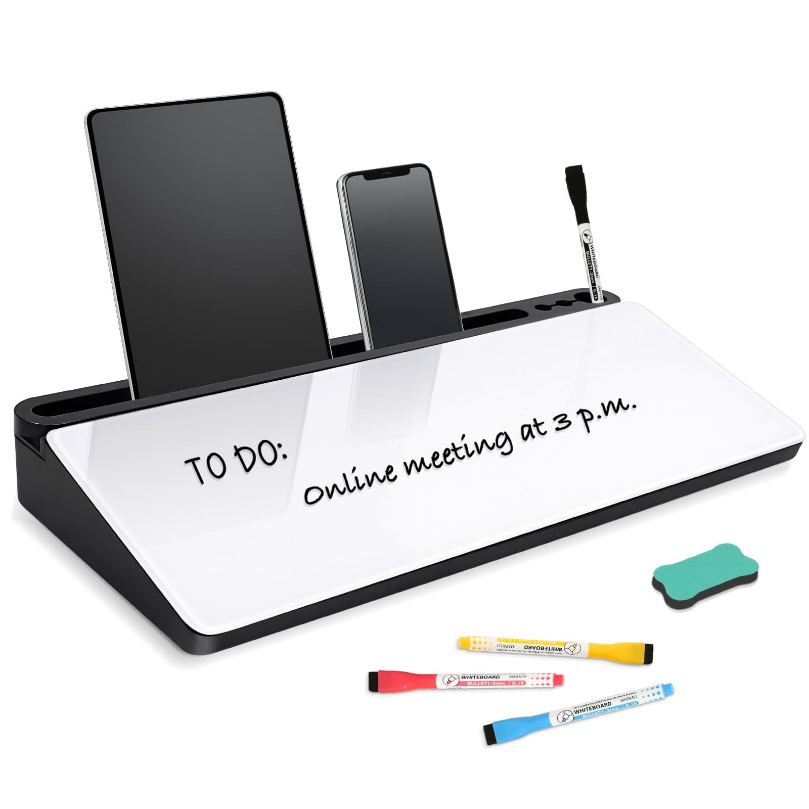 DOLLAR BOSS Glass Desk Whiteboard Small Dry Erase Board Desktop White Board with Storage Drawer Computer Keyboard Stand Desk Organizer School Supplies Office Accessories with 4 Markers 1 Eraser, White