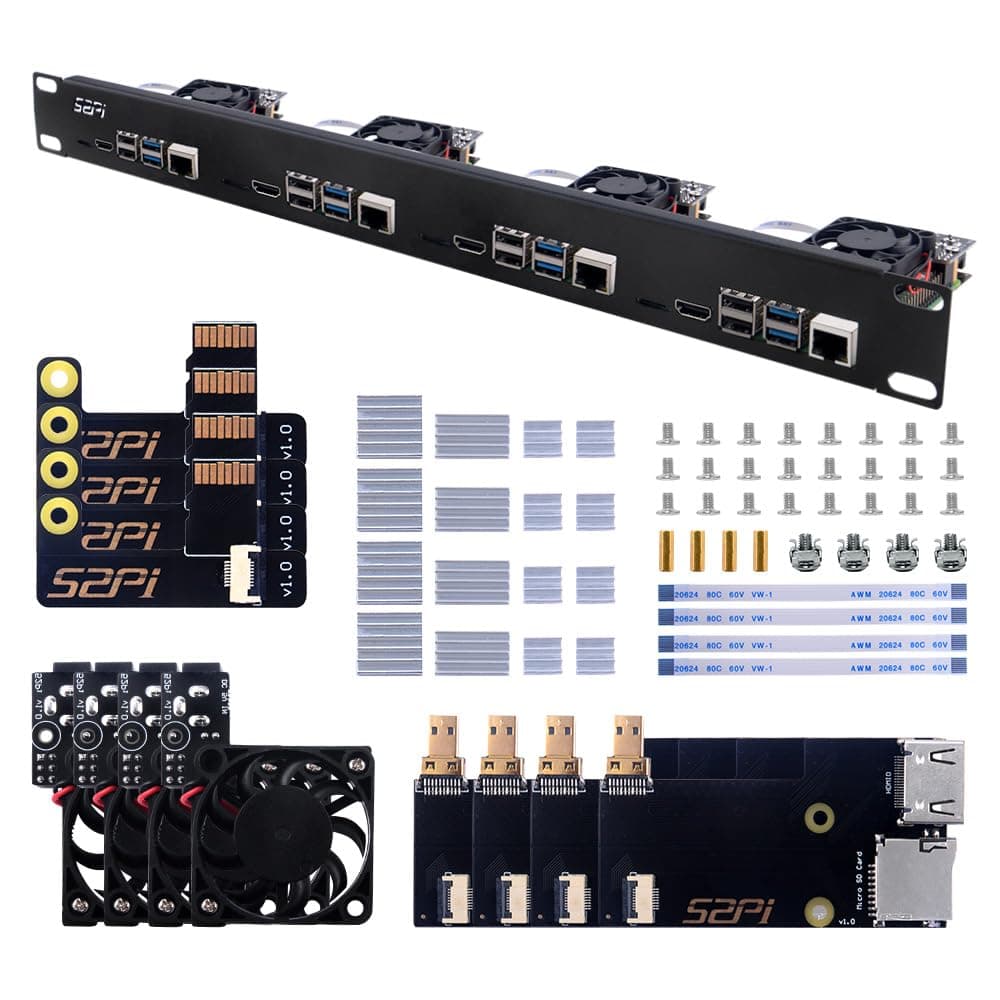 1U Rack Kit for Raspberry Pi 4B, 19" 1U Rackmount Supports 1-4 Units with 4pcs Raspberry Pi Fans, Aluminum Heatsinks, Micro HDMI to HDMI Boards, TF Card to FPC Boards for Raspberry Pi 4B