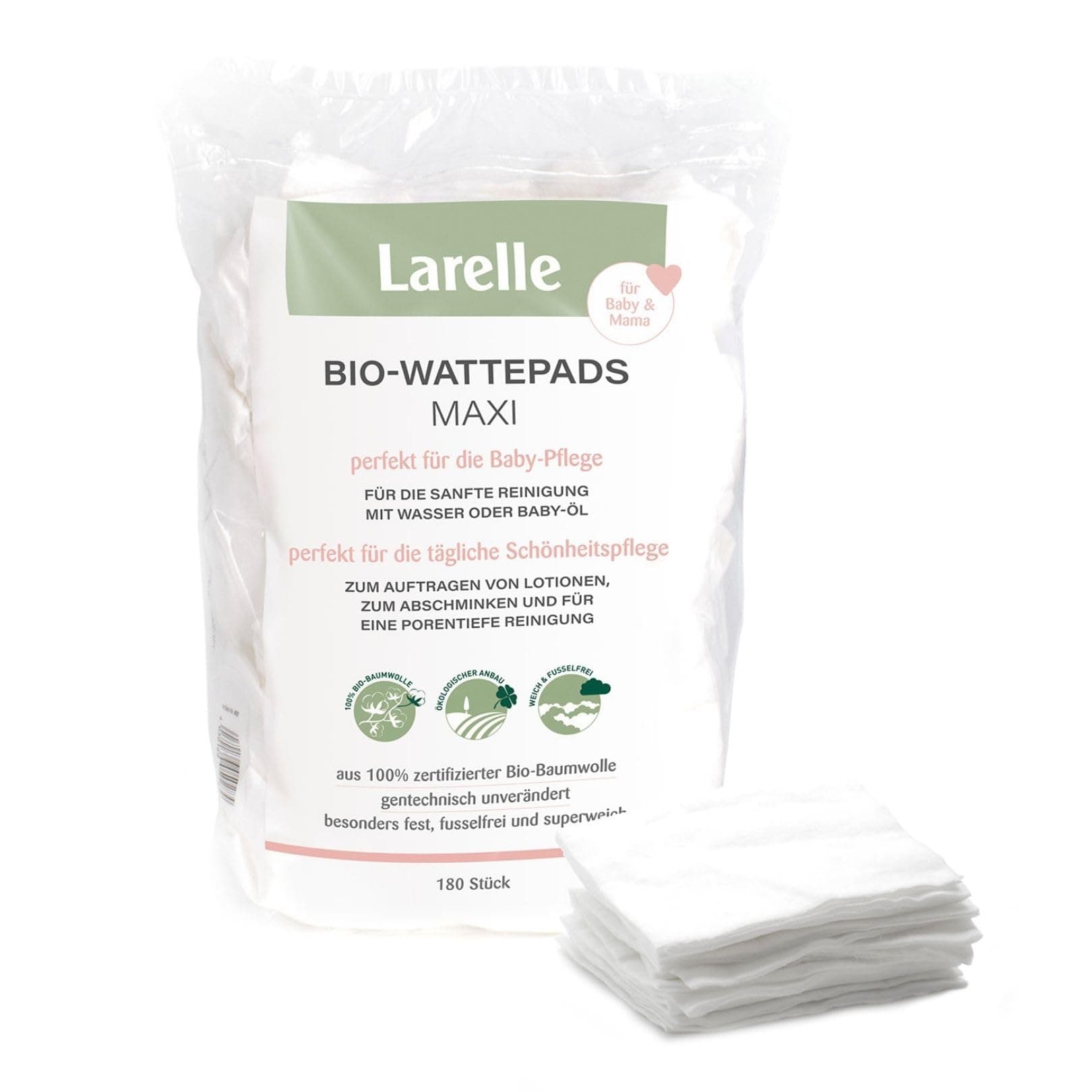 Larelle Maxi Organic Cotton Pads, 180 Pieces, Perfect for Baby Care and Daily Beauty Care