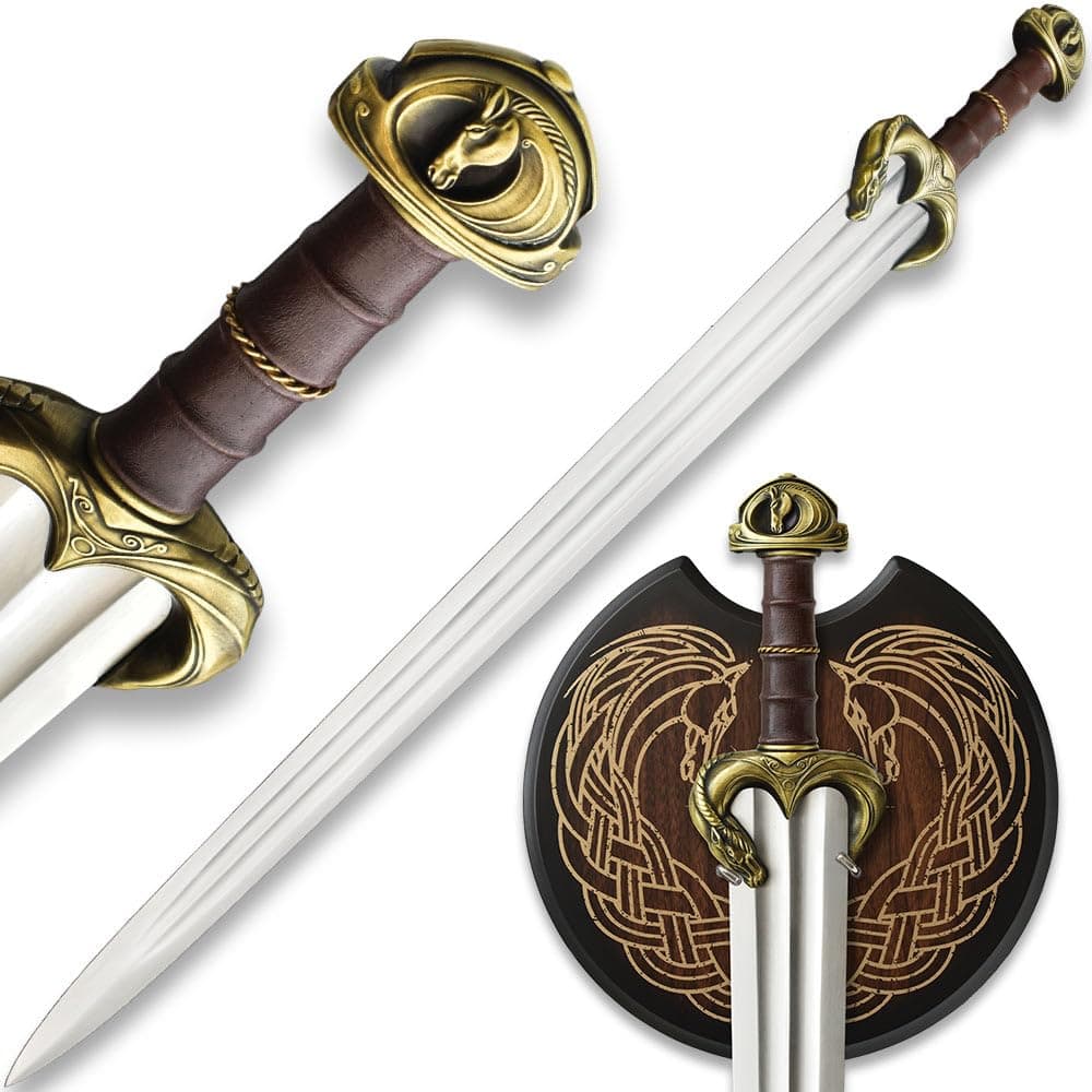 Lord of the Rings Guthwine Sword of Eomer | LOTR Replica & Collectible | Officially Licensed Movie Replica | Stainless Steel Blade | Leather Grip | Display Plaque | Overall Length 34"